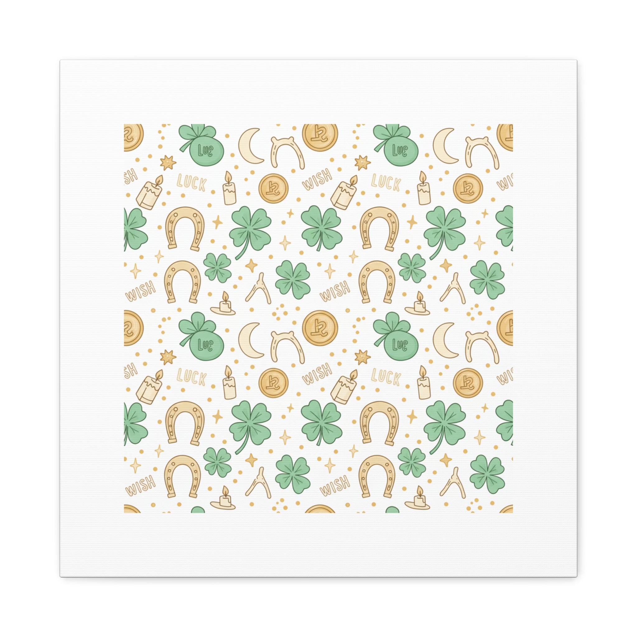 Lucky Charm Sticker Pattern Canvas, Mint Gold Talisman Print