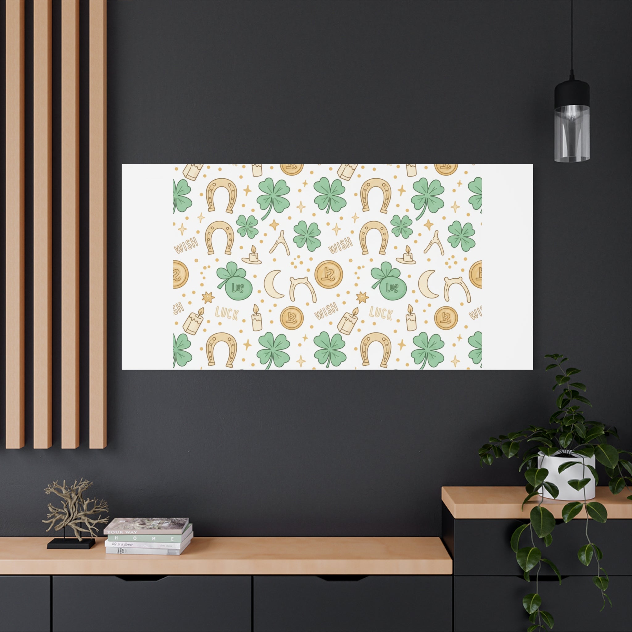 Lucky Charm Sticker Pattern Canvas, Mint Gold Talisman Print