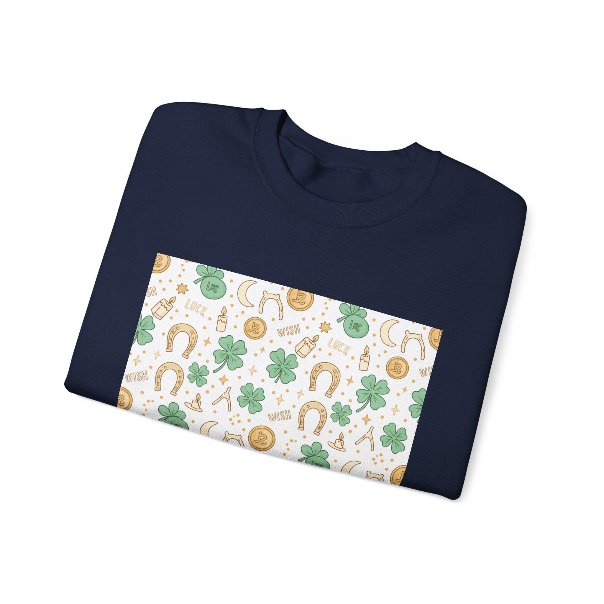 Lucky Charm Sticker Pattern Sweatshirt | mint gold good luck symbols