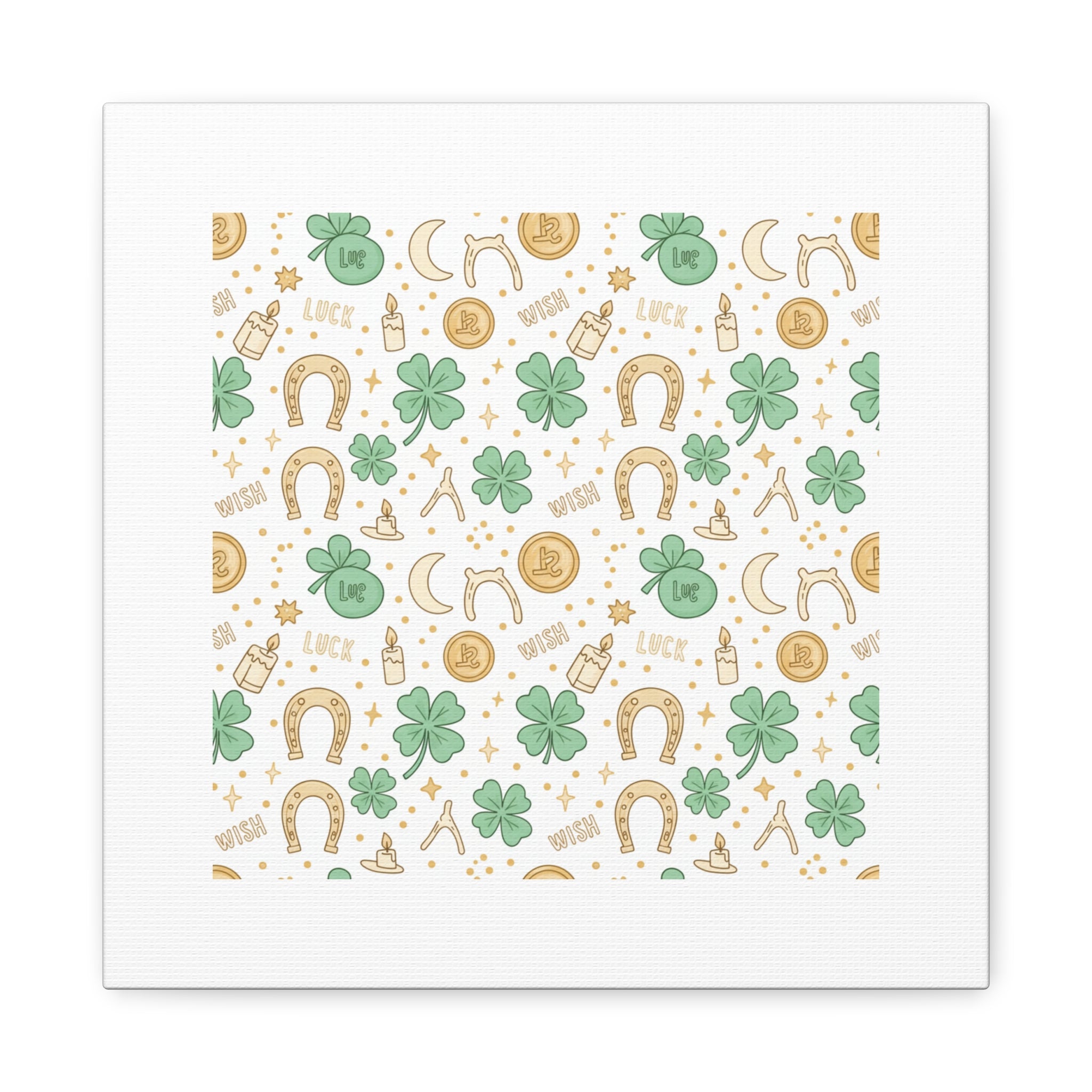 Lucky Charm Sticker Pattern Canvas, Mint Gold Talisman Print