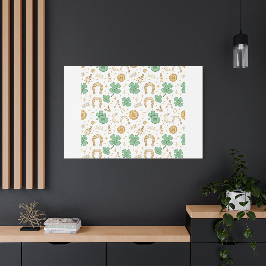 Lucky Charm Sticker Pattern Canvas, Mint Gold Talisman Print