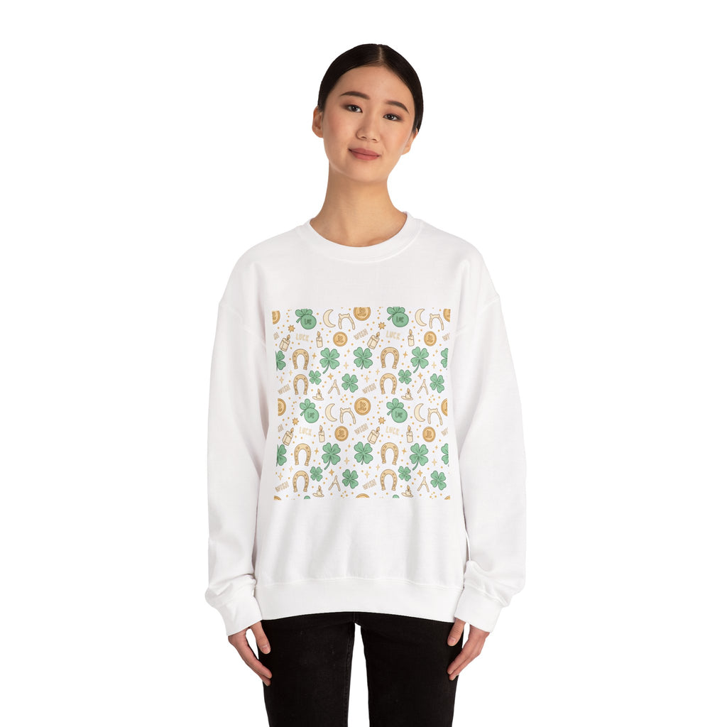 Lucky Charm Sticker Pattern Sweatshirt | mint gold good luck symbols