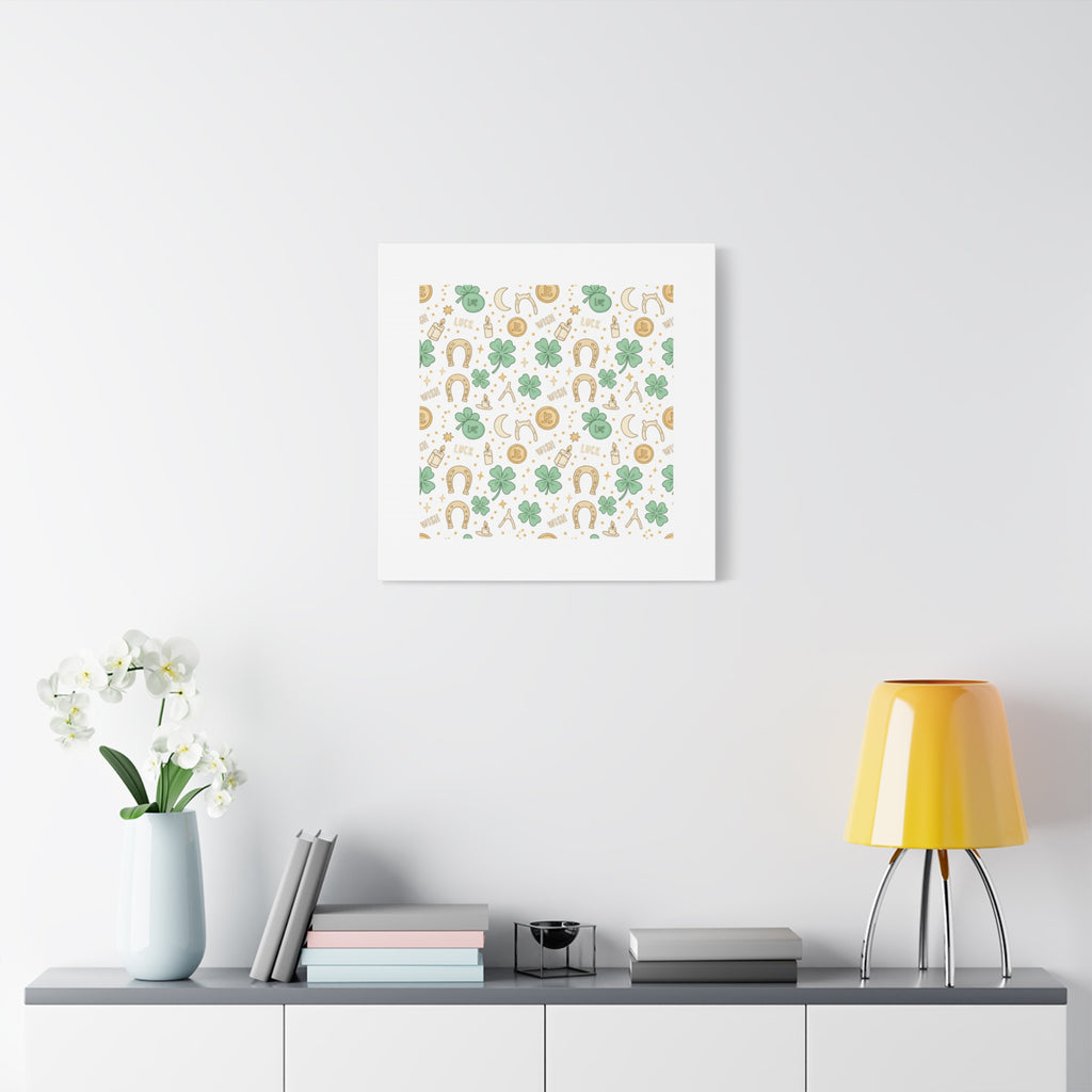 Lucky Charm Sticker Pattern Canvas, Mint Gold Talisman Print