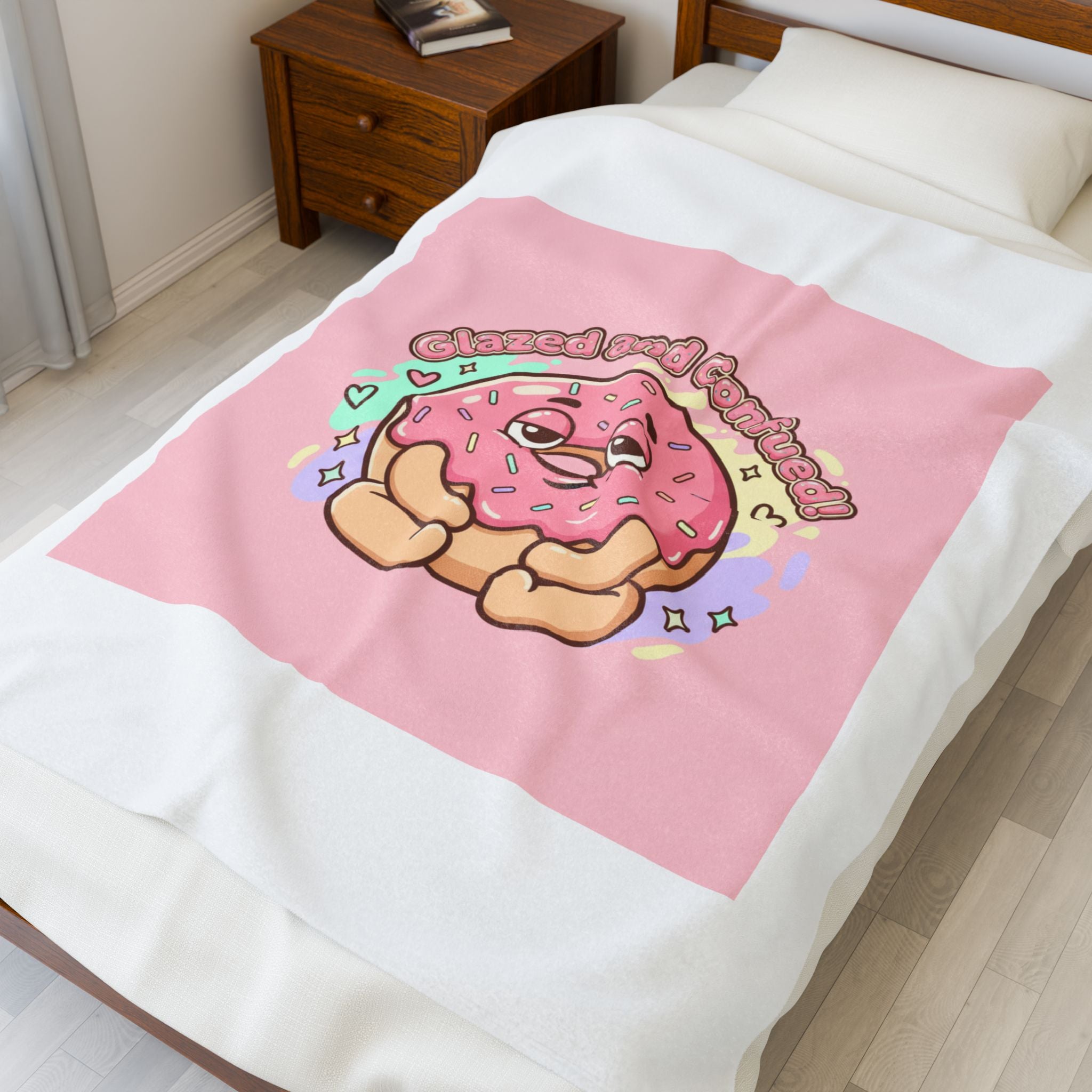Glazed and Comforted Donut Illustration Velveteen Blanket, Food Pun Cozy