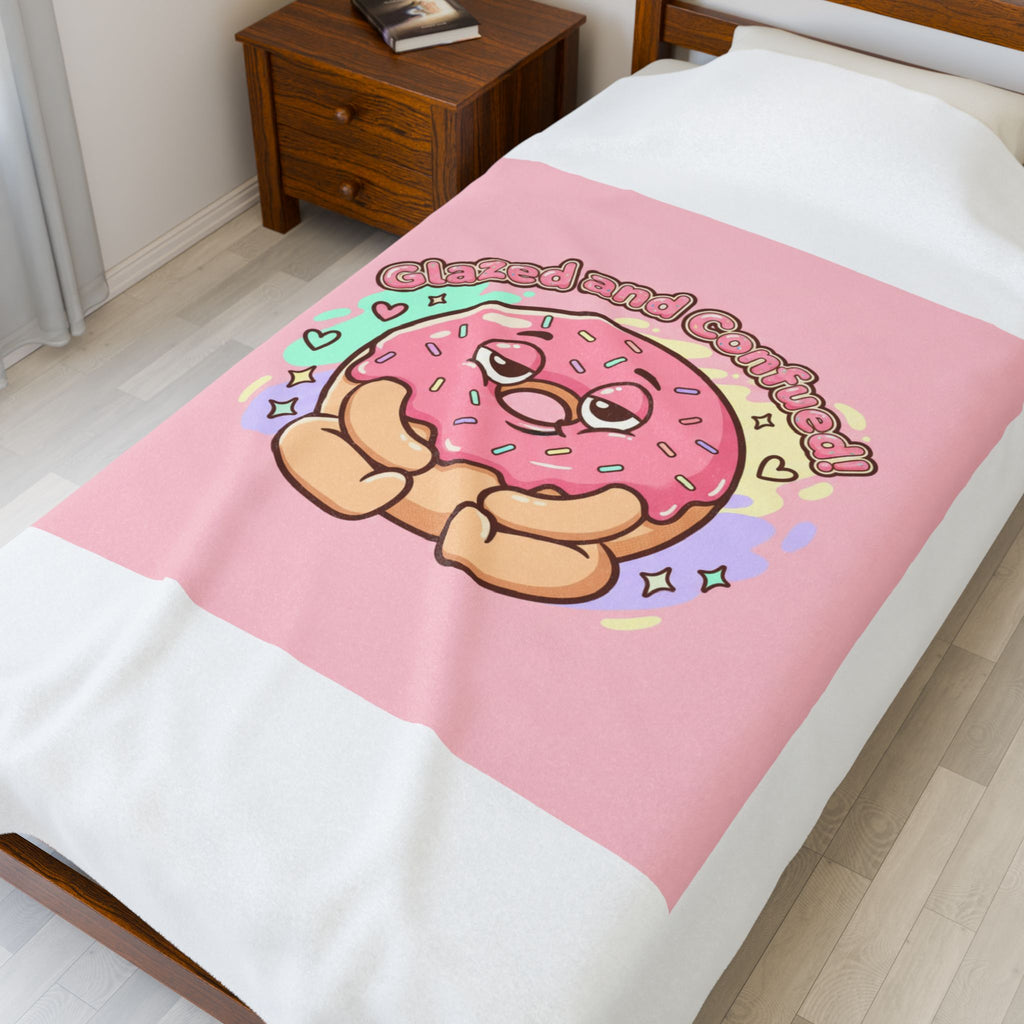 Glazed and Comforted Donut Illustration Velveteen Blanket, Food Pun Cozy