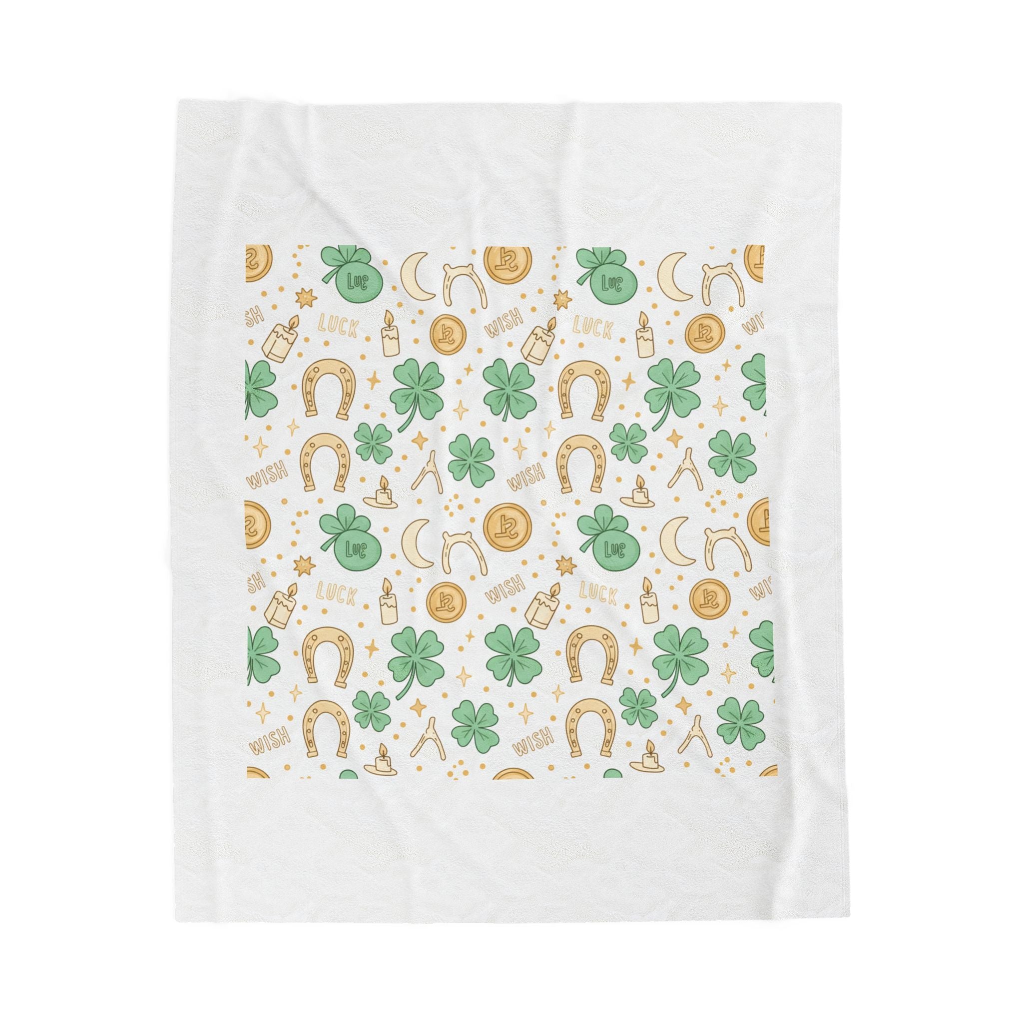 Lucky Charm Sticker Pattern Blanket | Mint Gold clovers horseshoes stars lotus