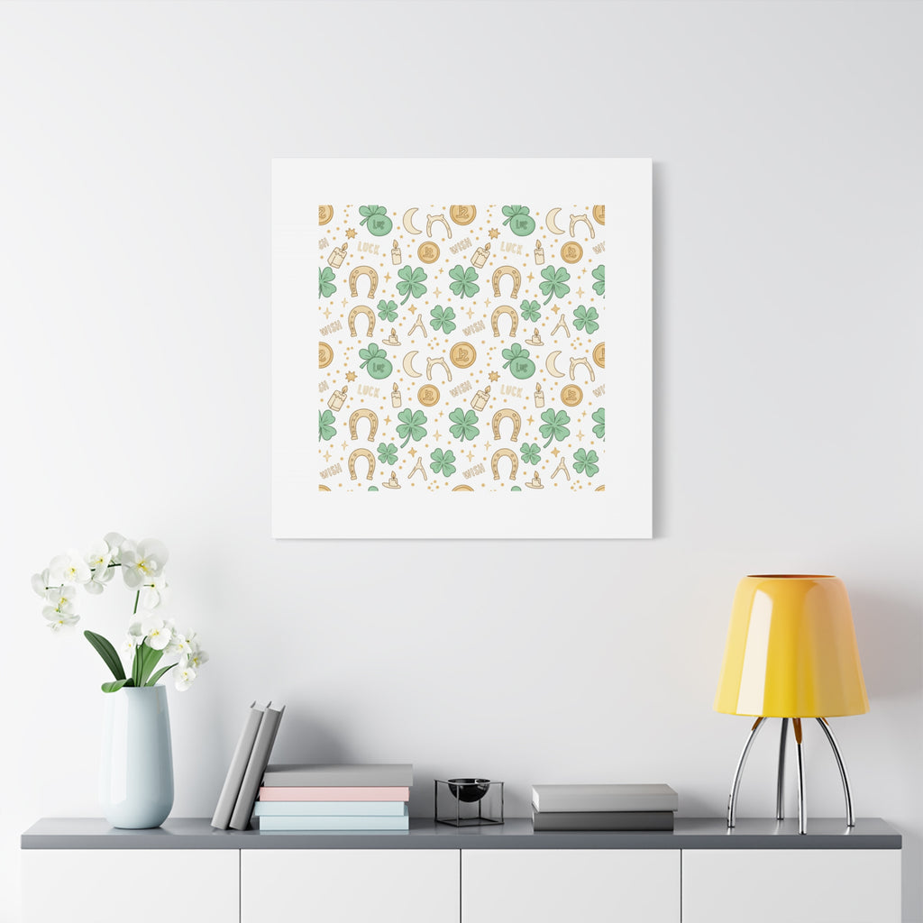 Lucky Charm Sticker Pattern Canvas, Mint Gold Talisman Print