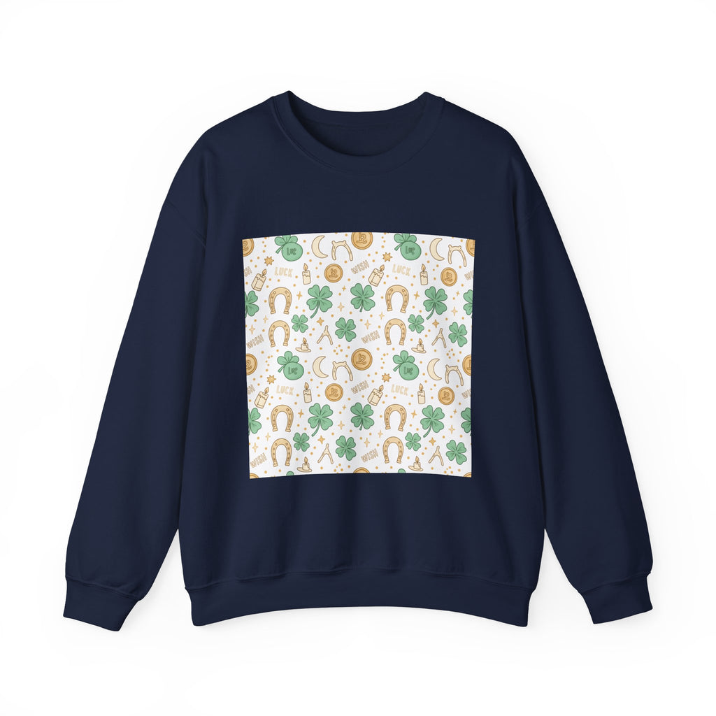 Lucky Charm Sticker Pattern Sweatshirt | mint gold good luck symbols