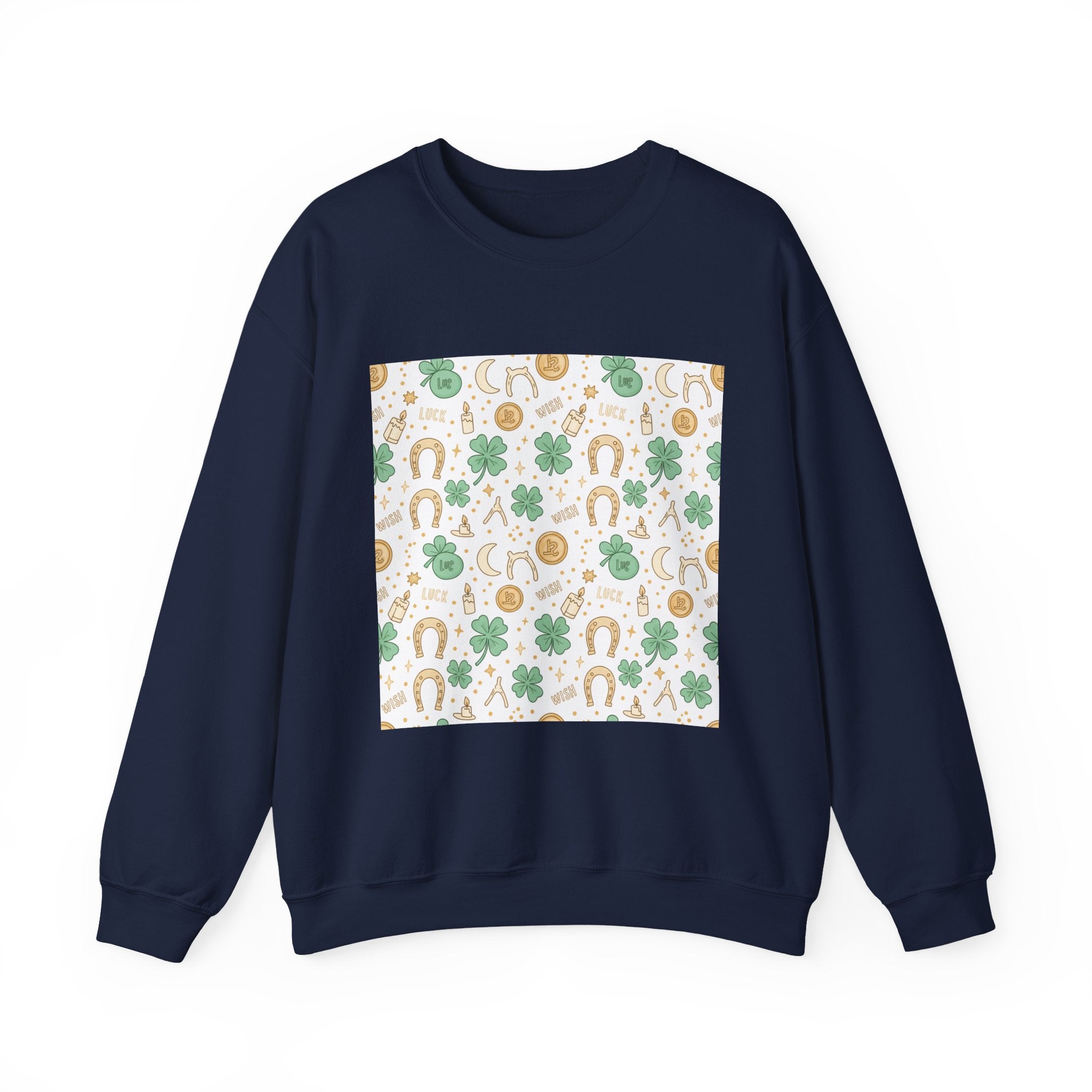 Lucky Charm Sticker Pattern Sweatshirt | mint gold good luck symbols