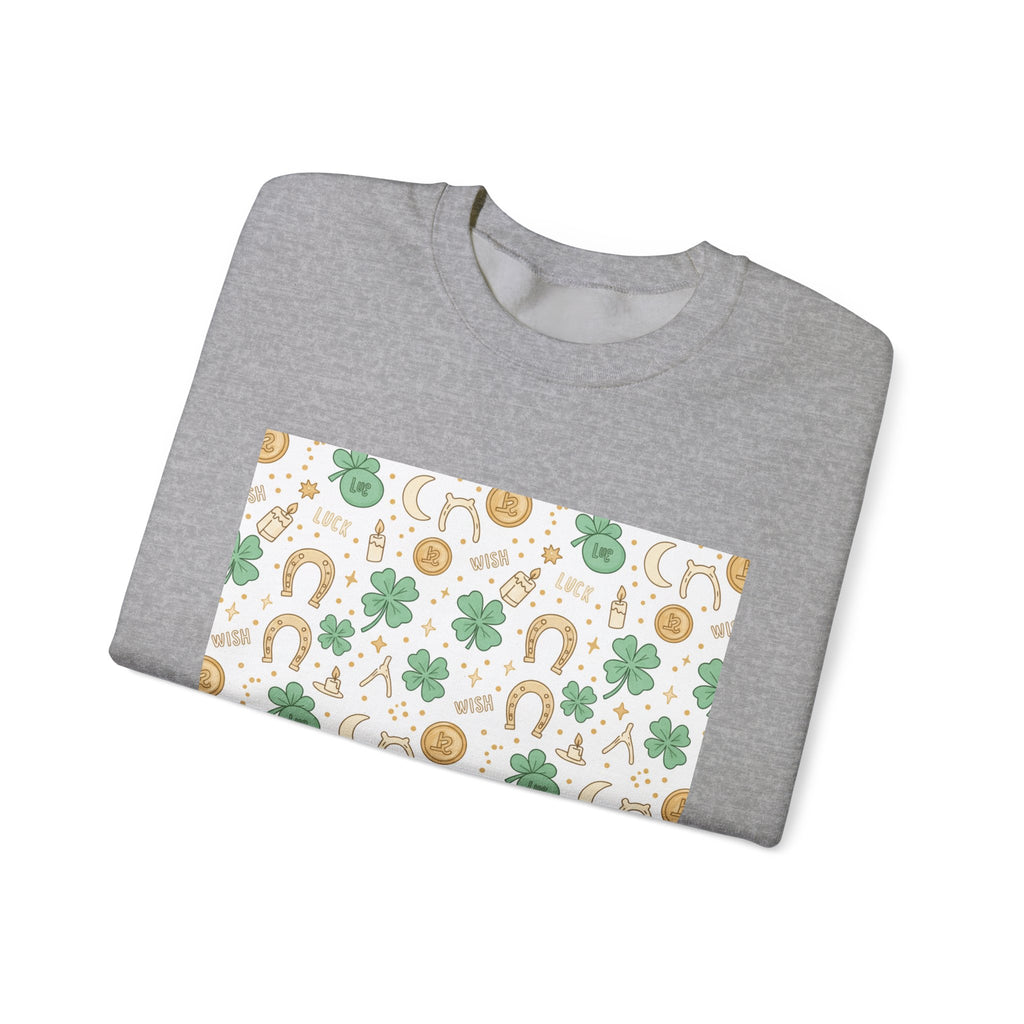 Lucky Charm Sticker Pattern Sweatshirt | mint gold good luck symbols