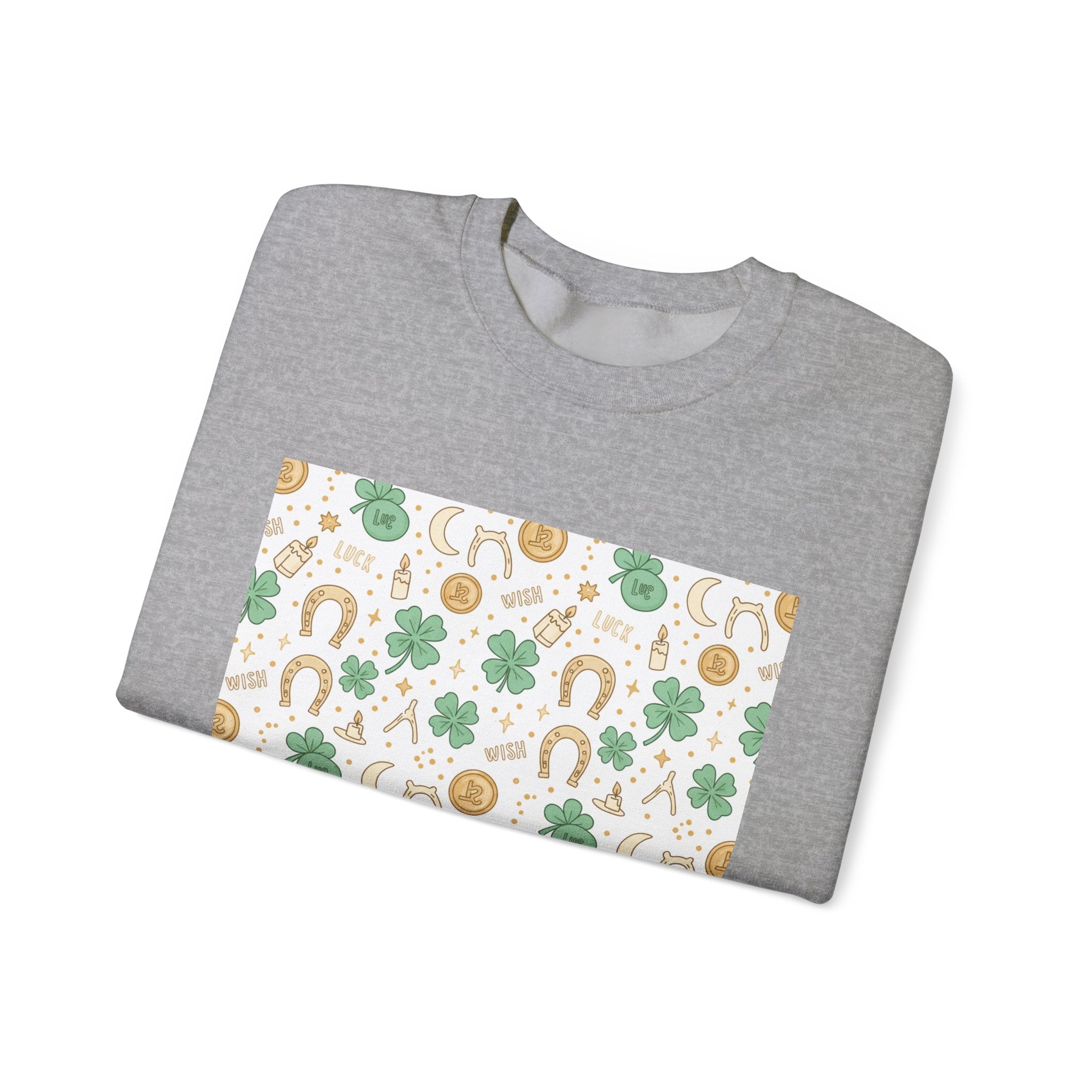 Lucky Charm Sticker Pattern Sweatshirt | mint gold good luck symbols