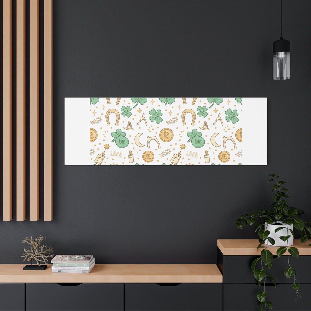 Lucky Charm Sticker Pattern Canvas, Mint Gold Talisman Print