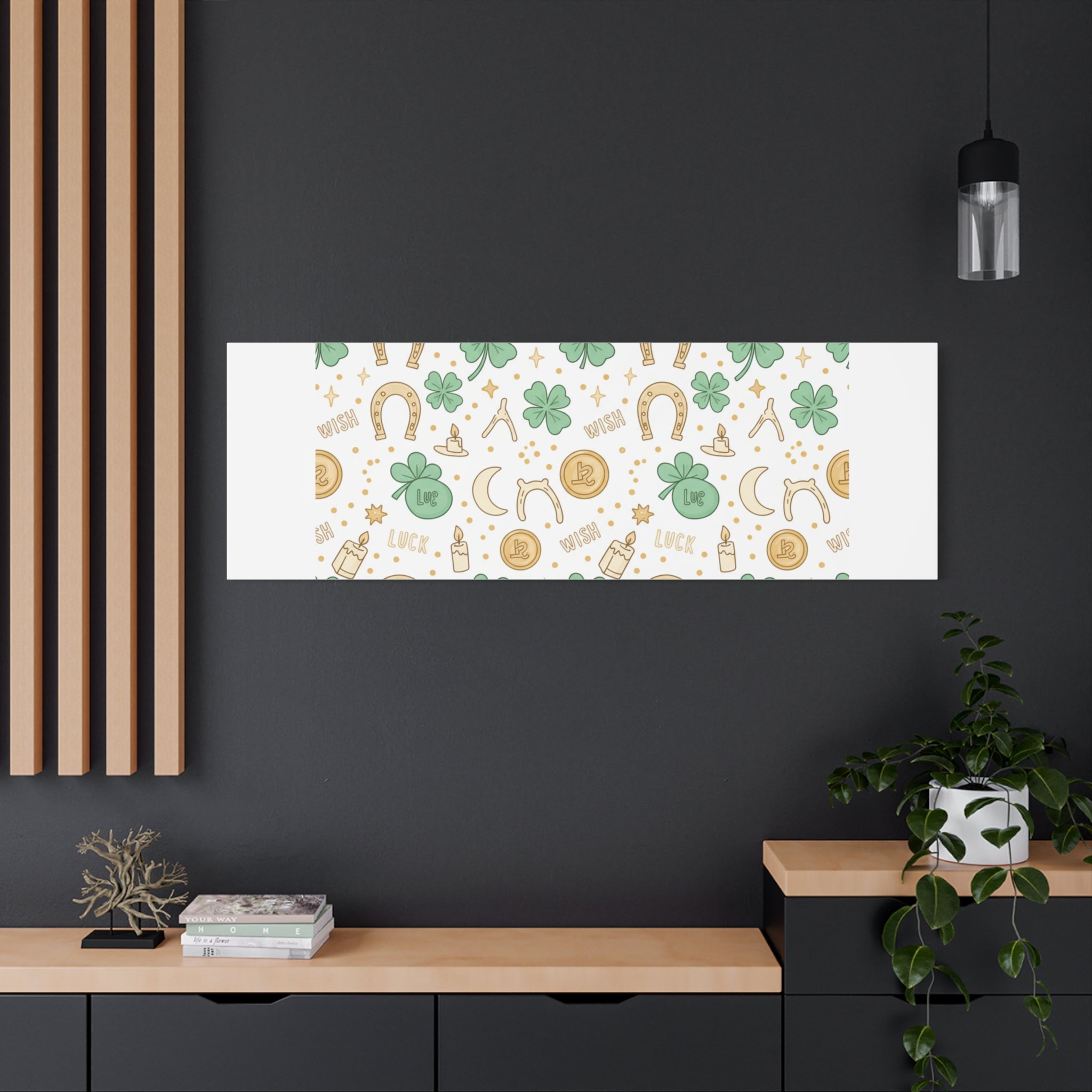 Lucky Charm Sticker Pattern Canvas, Mint Gold Talisman Print