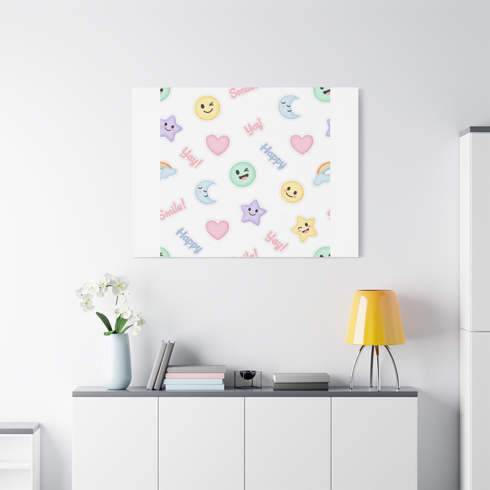 Hand-Drawn Emoticon Pattern Canvas | Cute Emoji Sticker Pastel Print