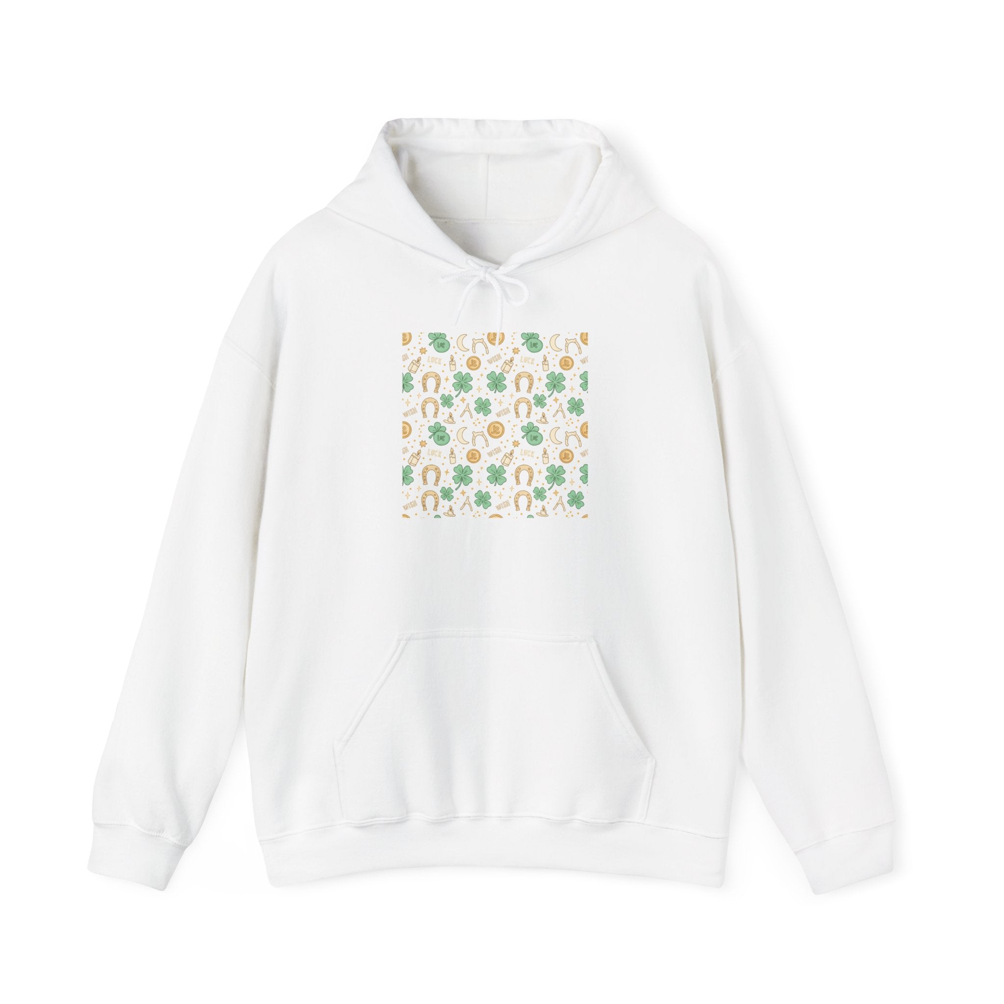 Lucky Charms Sticker Pattern Hoodie | mint gold clover horseshoe talisman print