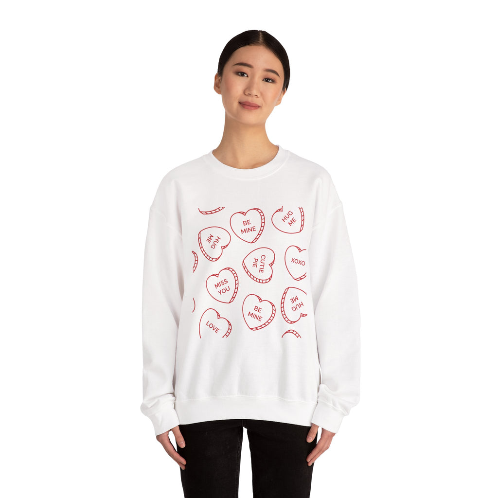 Crewneck Sweatshirt — Red Conversation Hearts Valentine Design (Be Mine, Love, Miss You)