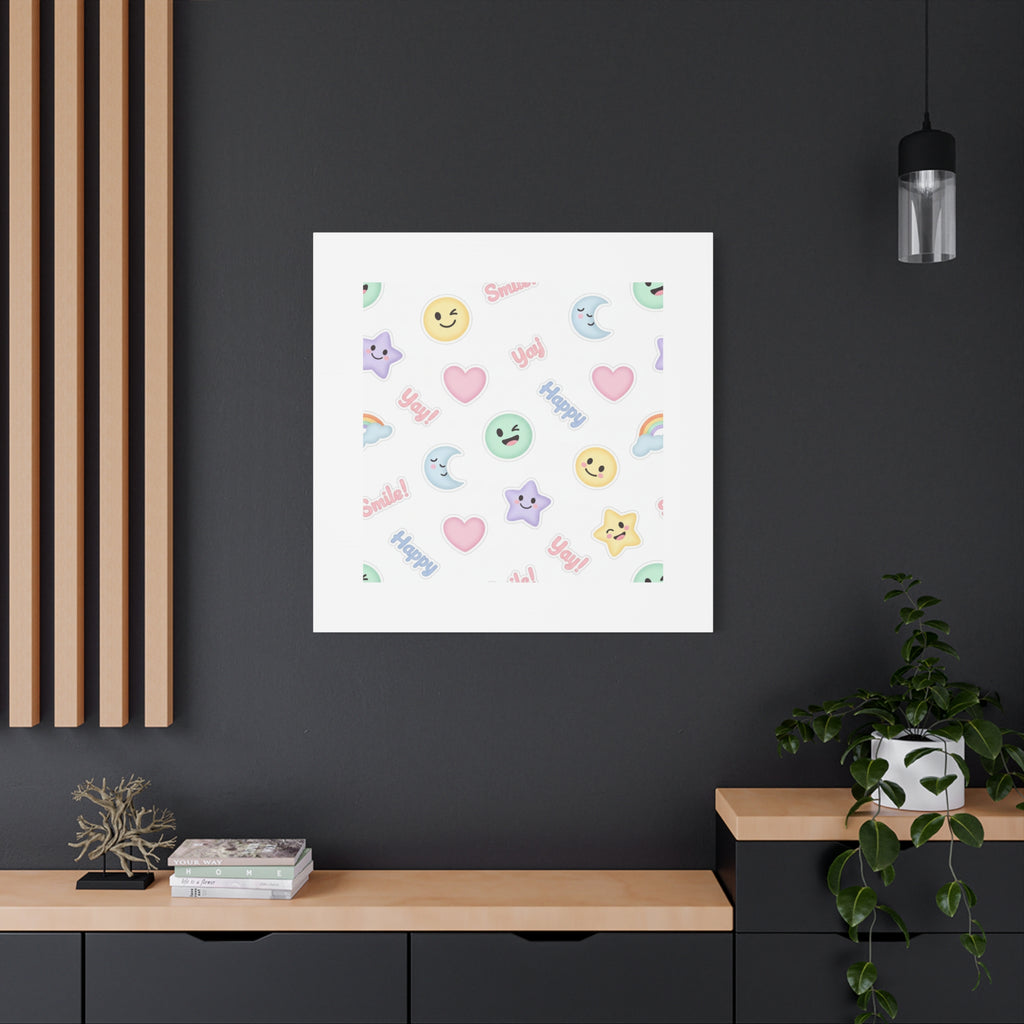 Hand-Drawn Emoticon Pattern Canvas | Cute Emoji Sticker Pastel Print