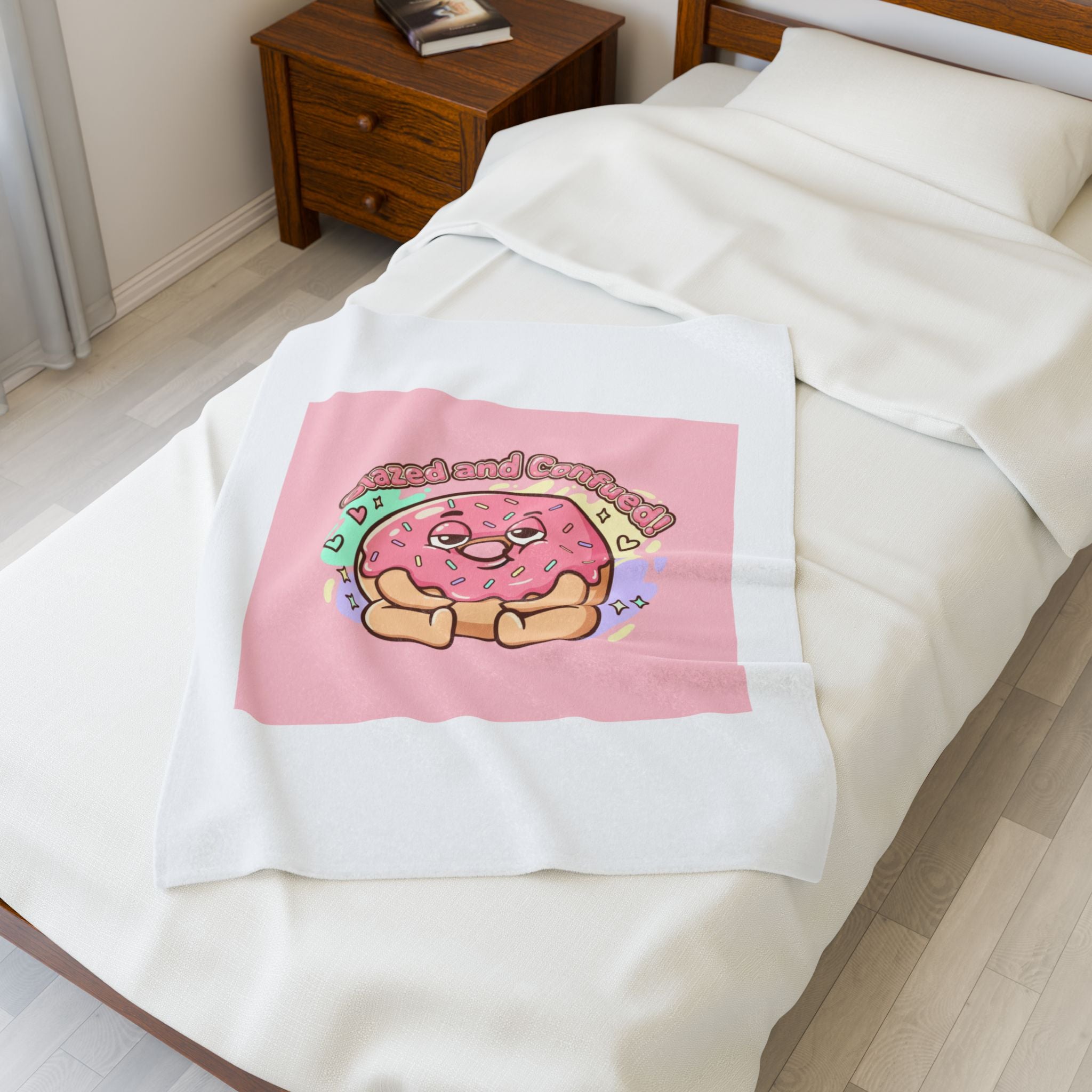 Glazed and Comforted Donut Illustration Velveteen Blanket, Food Pun Cozy