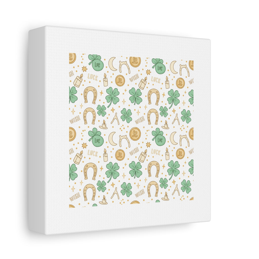 Lucky Charm Sticker Pattern Canvas, Mint Gold Talisman Print