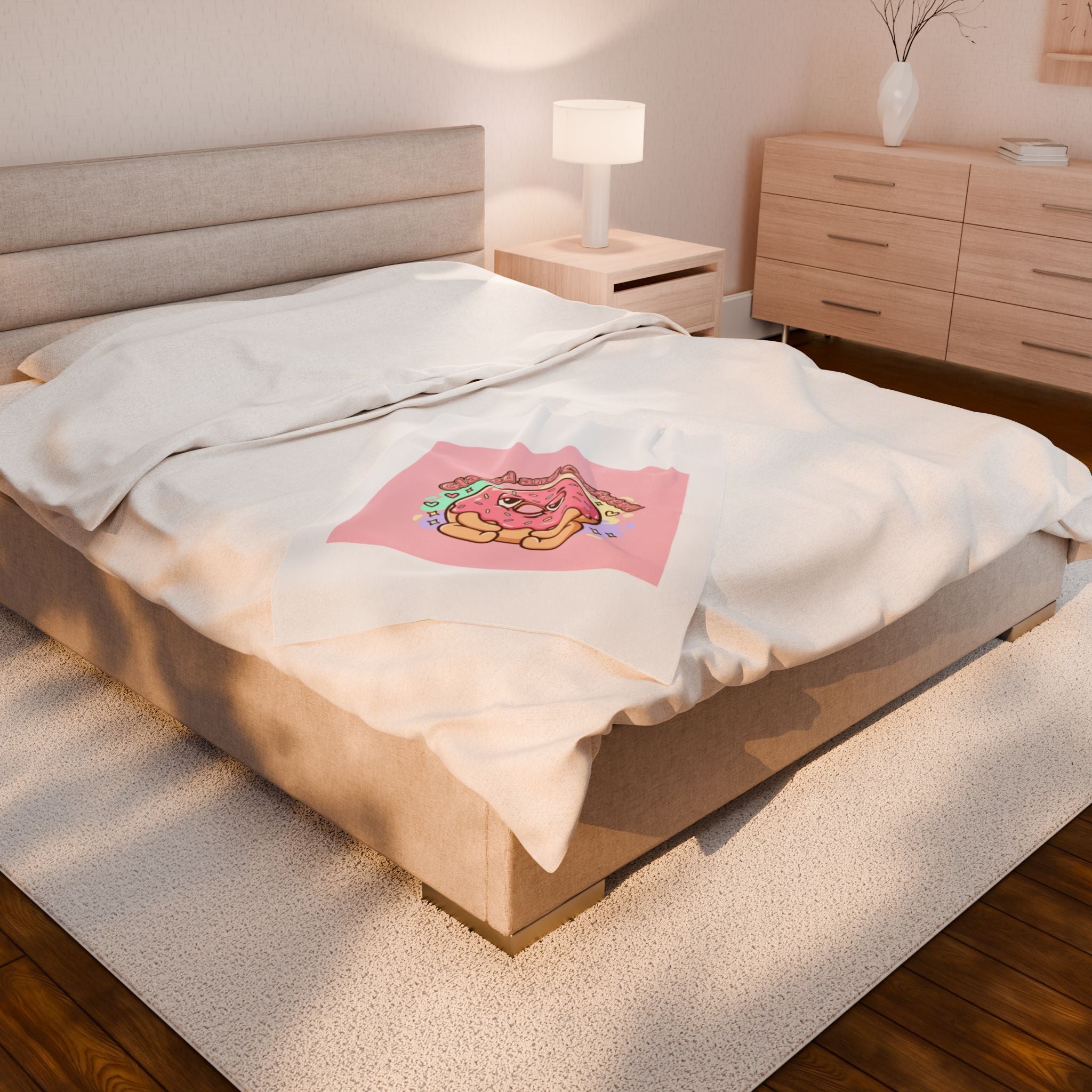 Glazed and Comforted Donut Illustration Velveteen Blanket, Food Pun Cozy