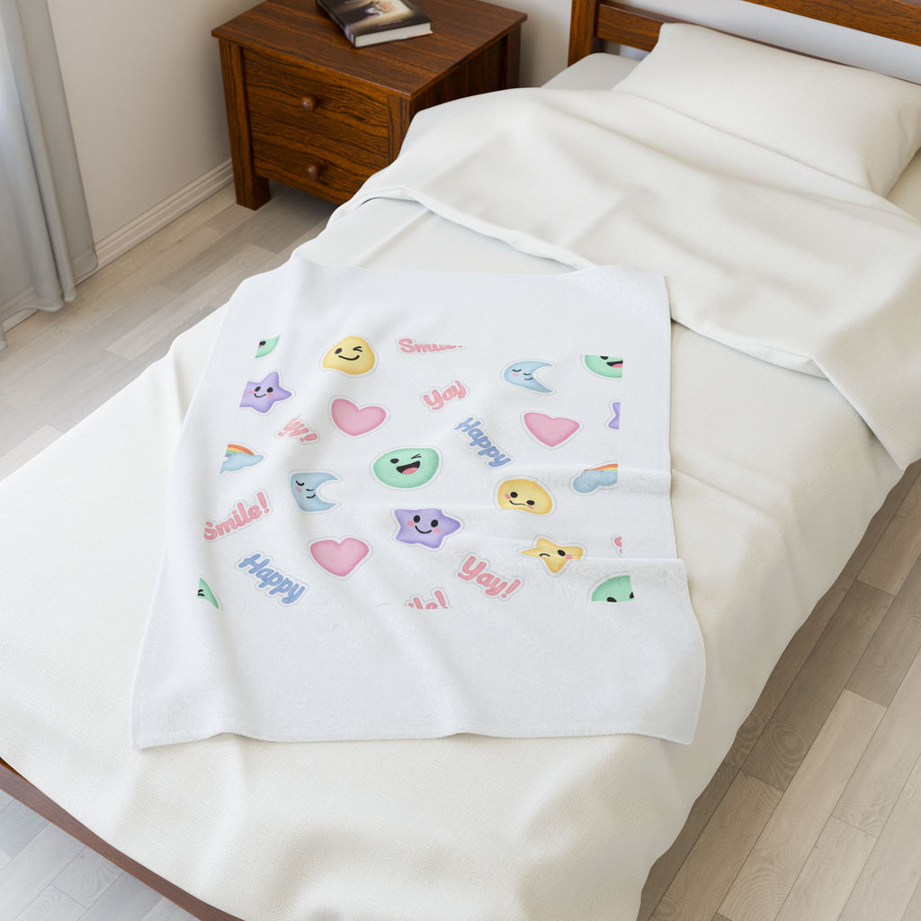 Hand-Drawn Emoticon Pattern Velveteen Plush Blanket | Pastel Sticker Emoji Repeat