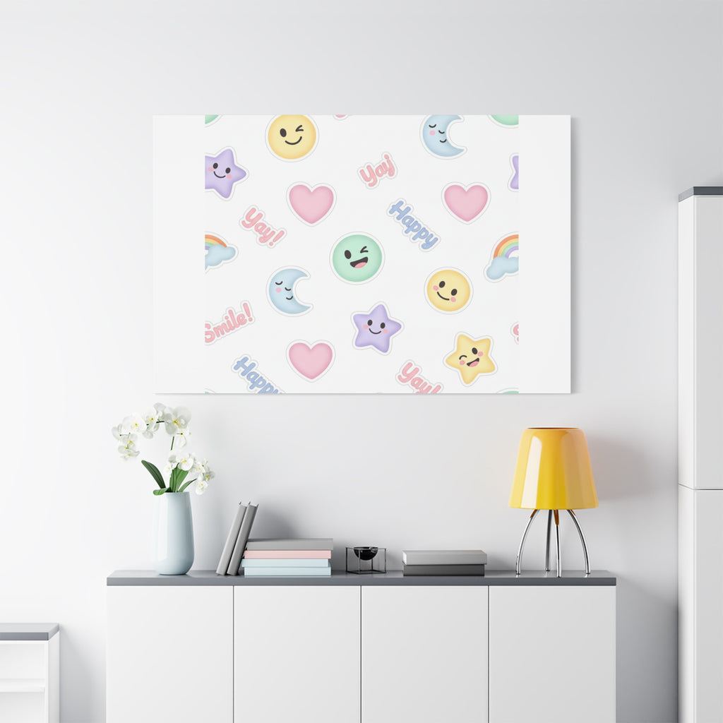 Hand-Drawn Emoticon Pattern Canvas | Cute Emoji Sticker Pastel Print