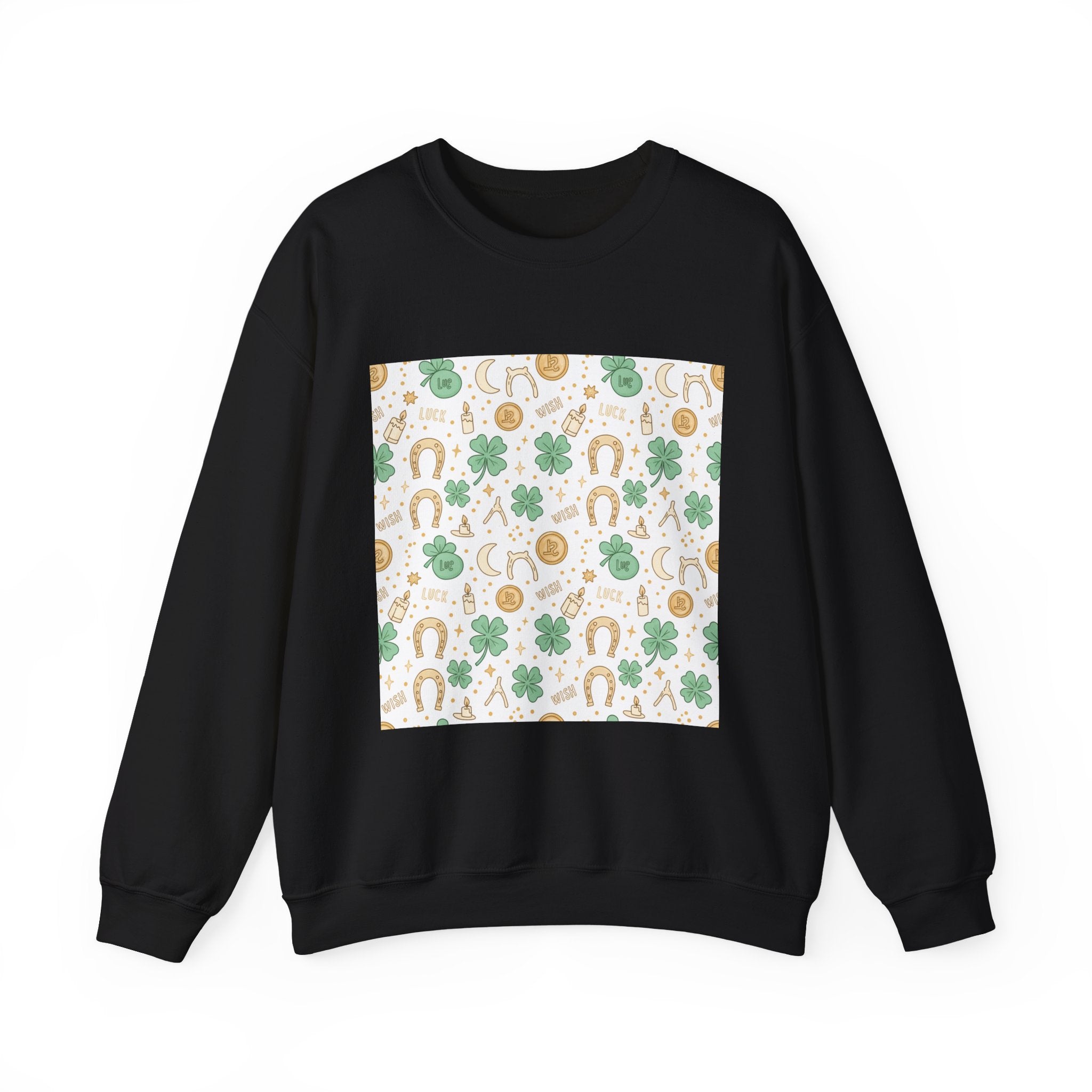 Lucky Charm Sticker Pattern Sweatshirt | mint gold good luck symbols
