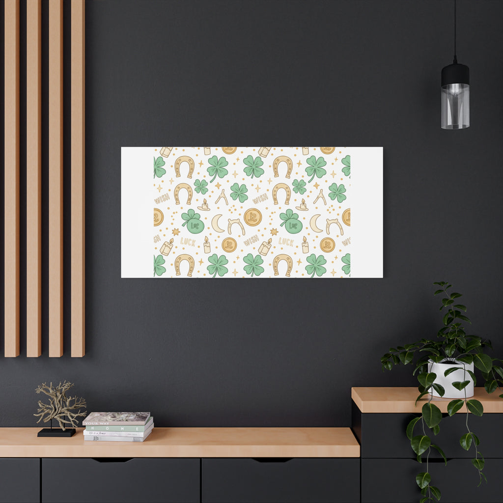 Lucky Charm Sticker Pattern Canvas, Mint Gold Talisman Print
