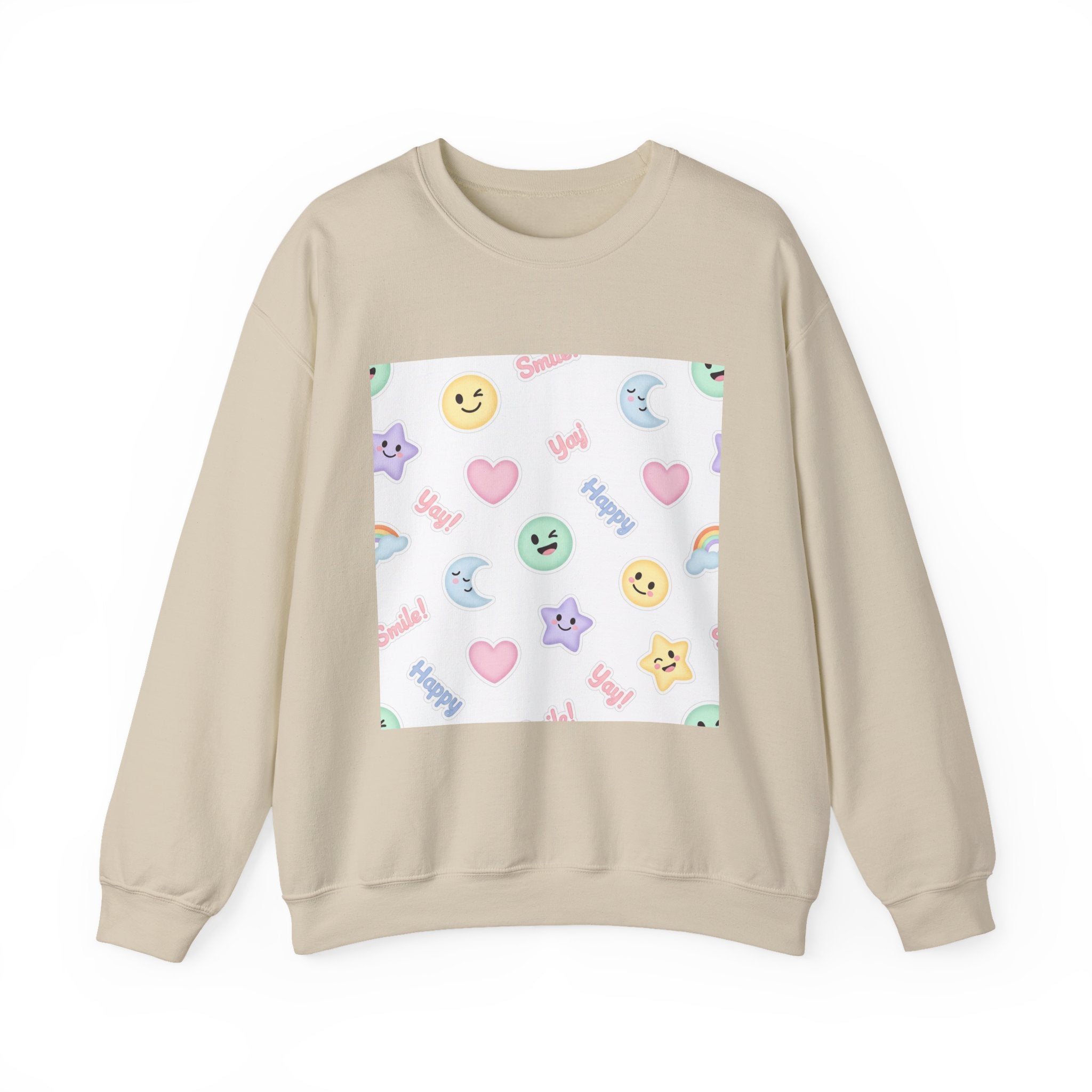 Hand-Drawn Emoticon Pattern Crewneck, pastel sticker emoji repeat print | cute emoticon