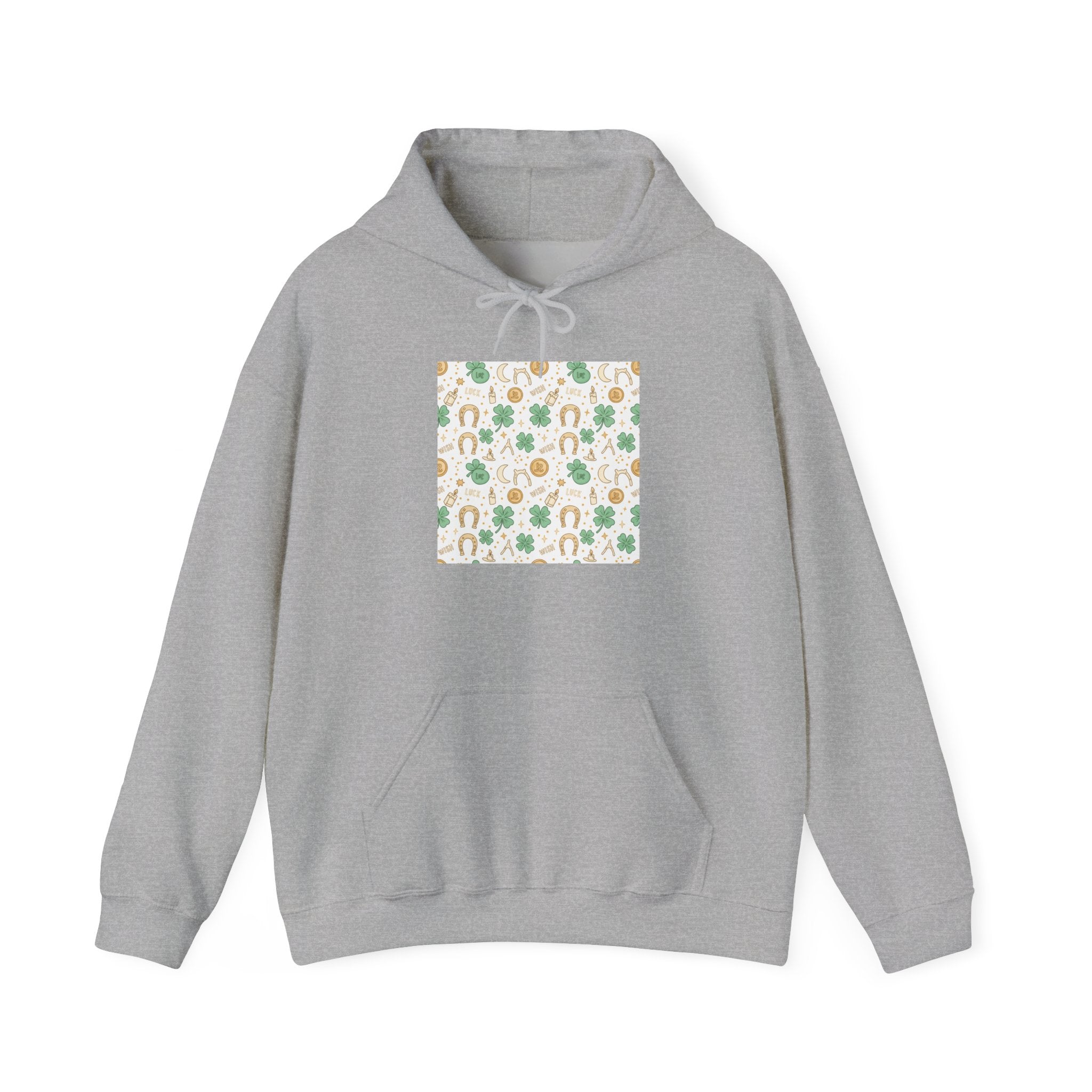 Lucky Charms Sticker Pattern Hoodie | mint gold clover horseshoe talisman print