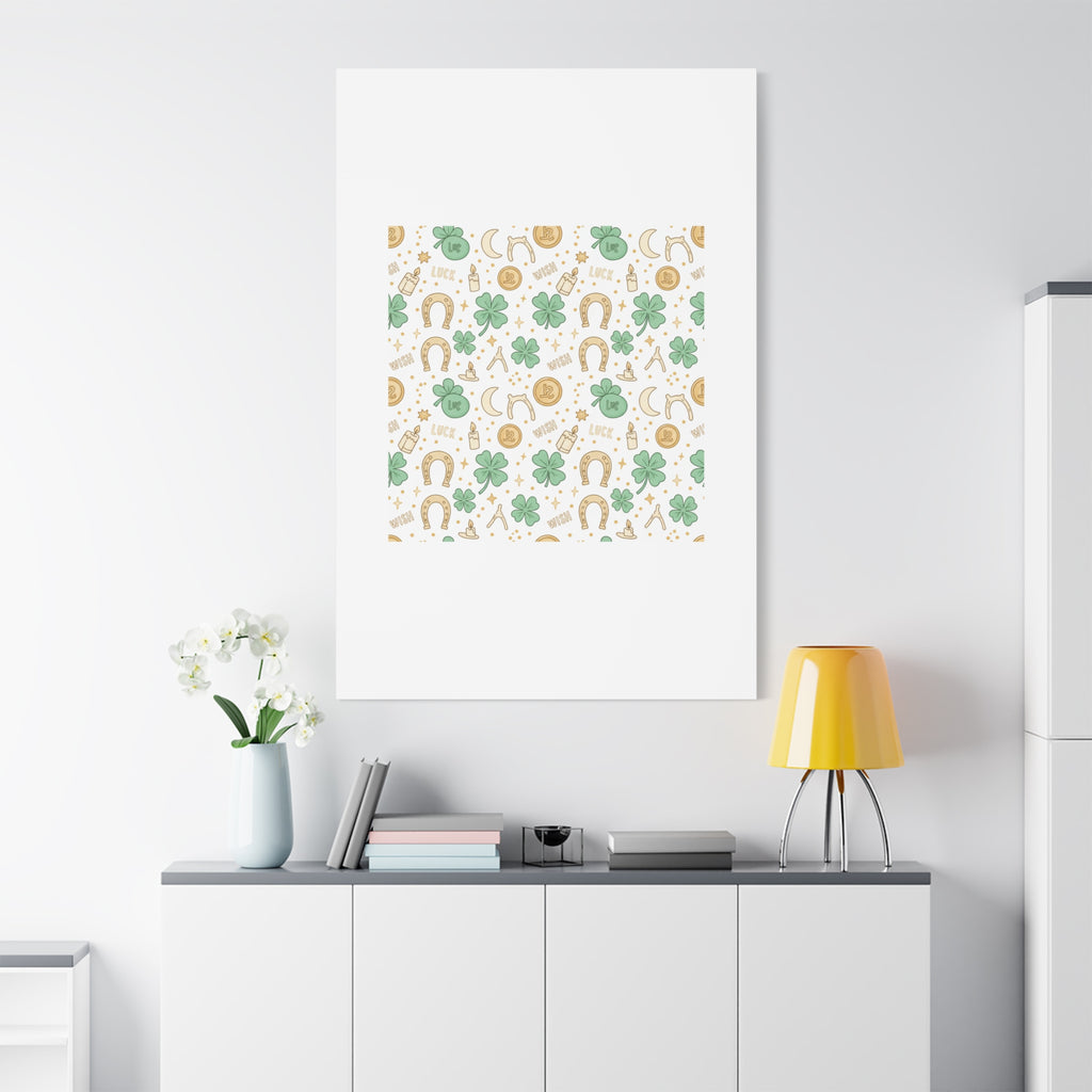 Lucky Charm Sticker Pattern Canvas, Mint Gold Talisman Print