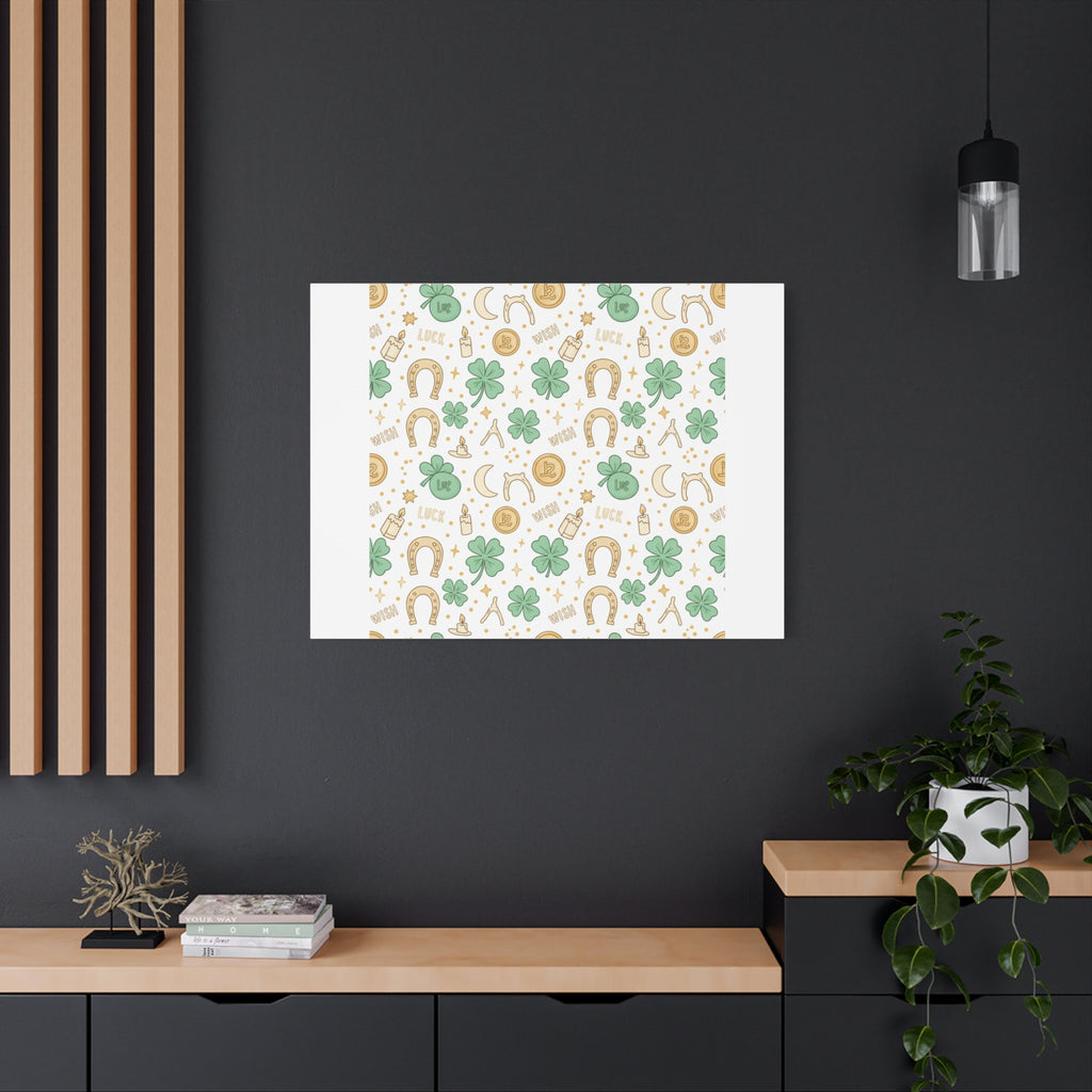 Lucky Charm Sticker Pattern Canvas, Mint Gold Talisman Print