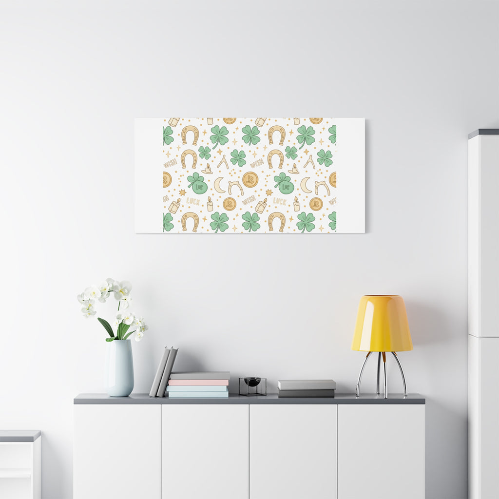 Lucky Charm Sticker Pattern Canvas, Mint Gold Talisman Print