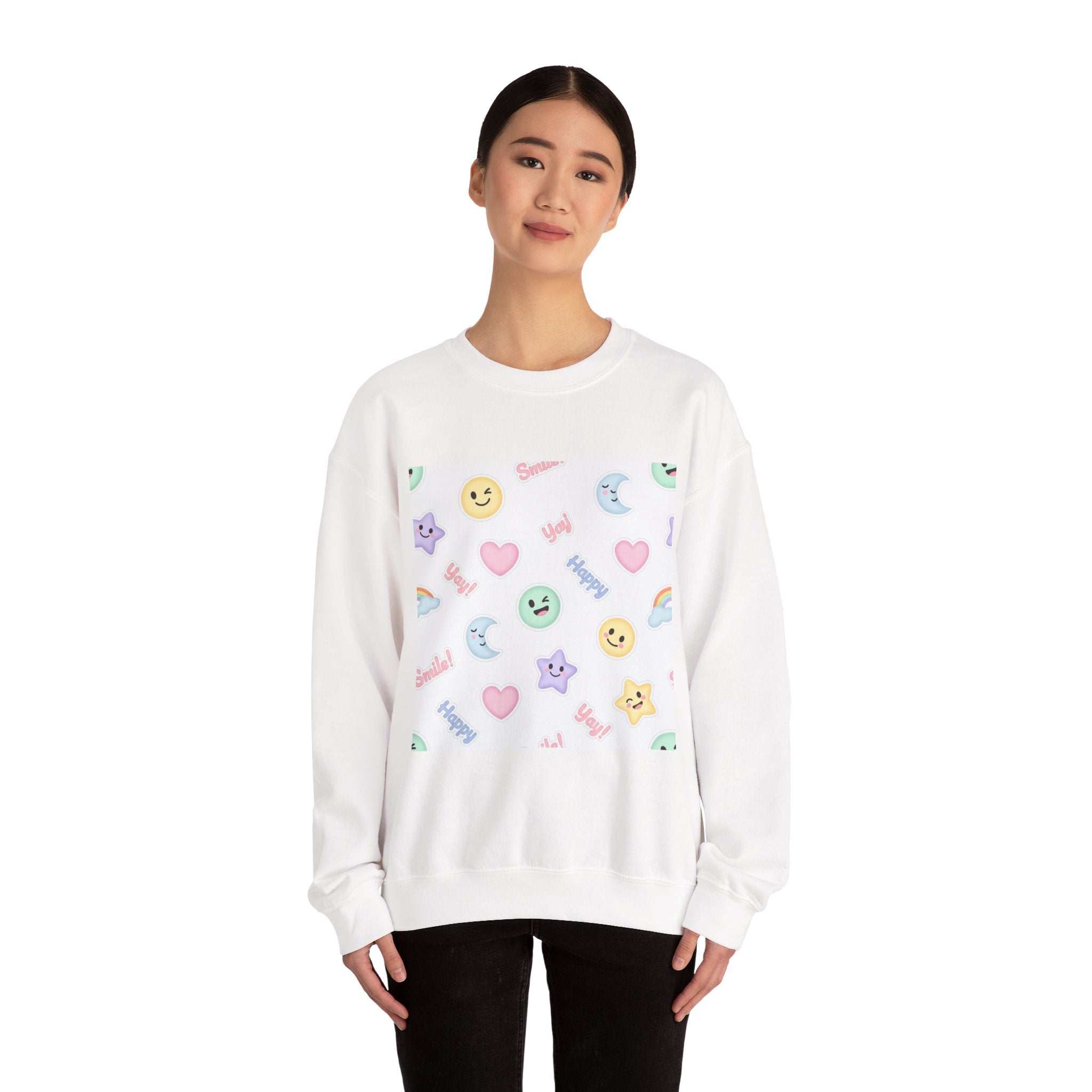 Hand-Drawn Emoticon Pattern Crewneck, pastel sticker emoji repeat print | cute emoticon