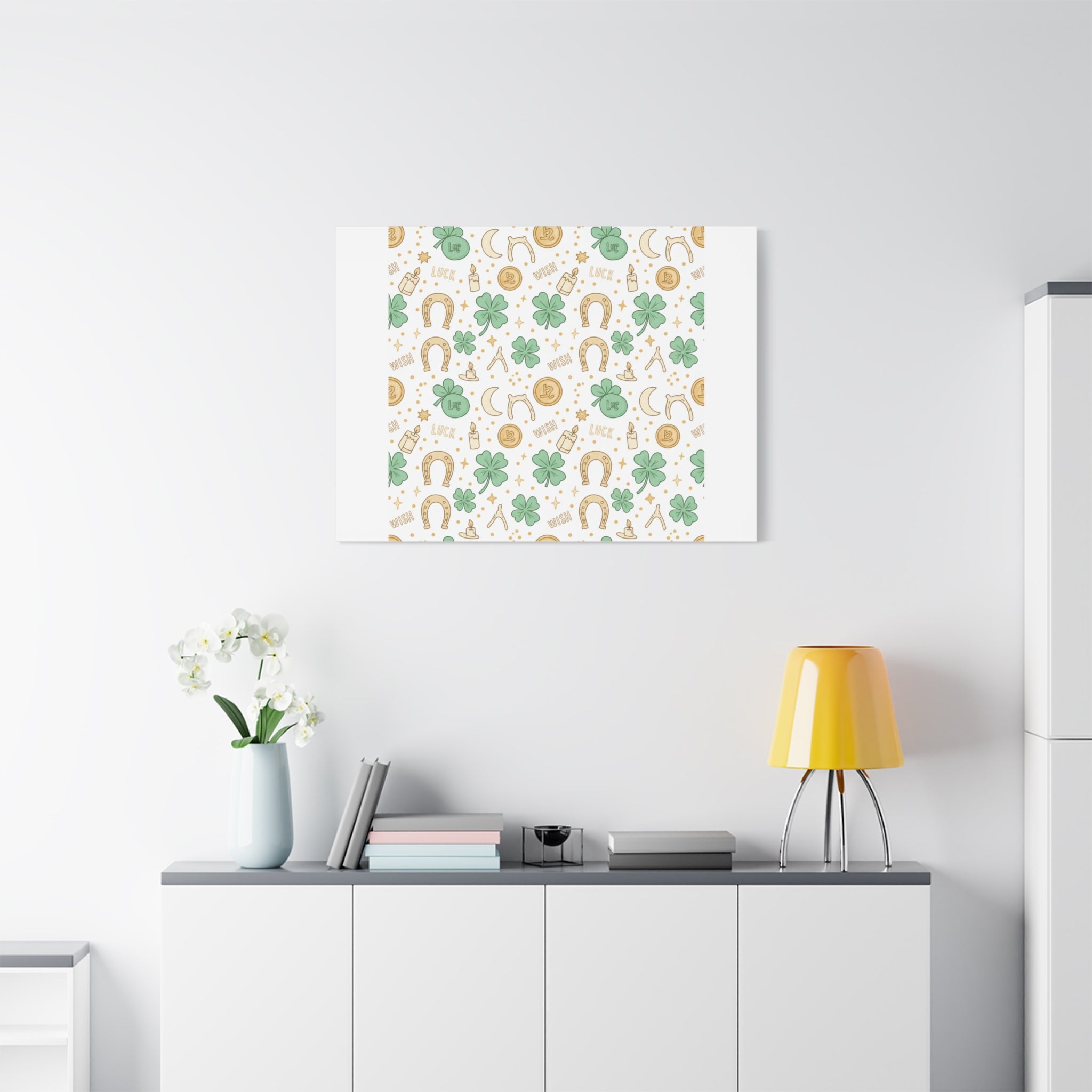 Lucky Charm Sticker Pattern Canvas, Mint Gold Talisman Print