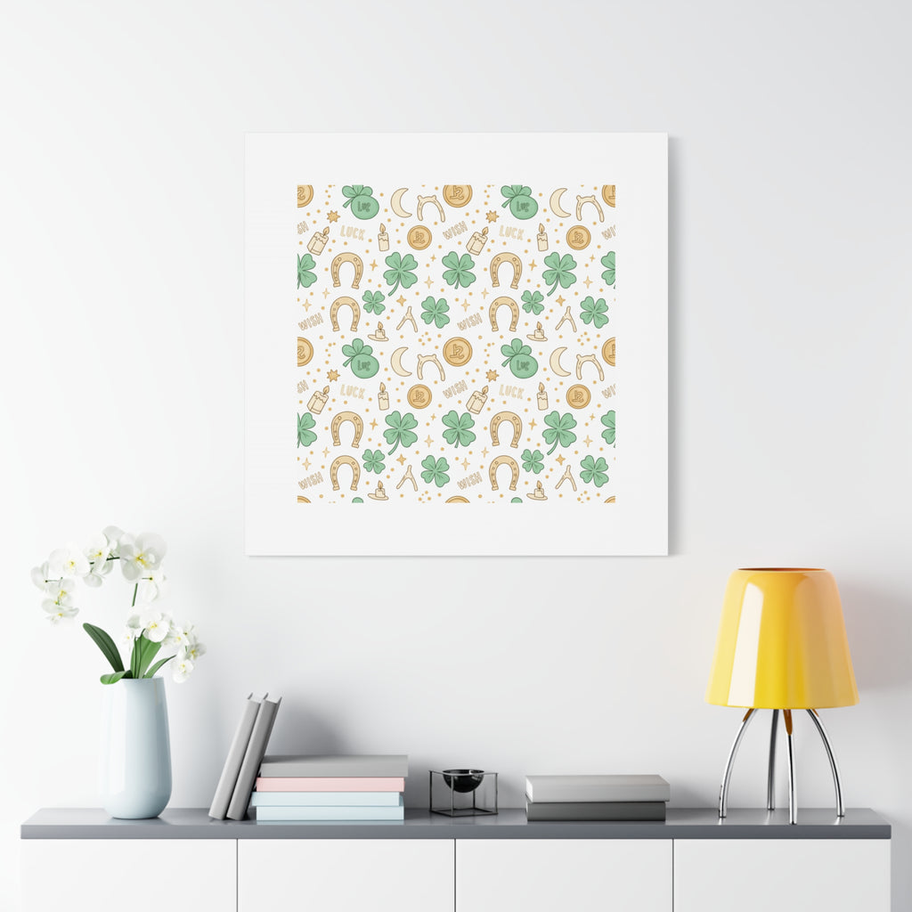 Lucky Charm Sticker Pattern Canvas, Mint Gold Talisman Print