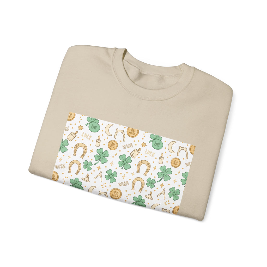 Lucky Charm Sticker Pattern Sweatshirt | mint gold good luck symbols
