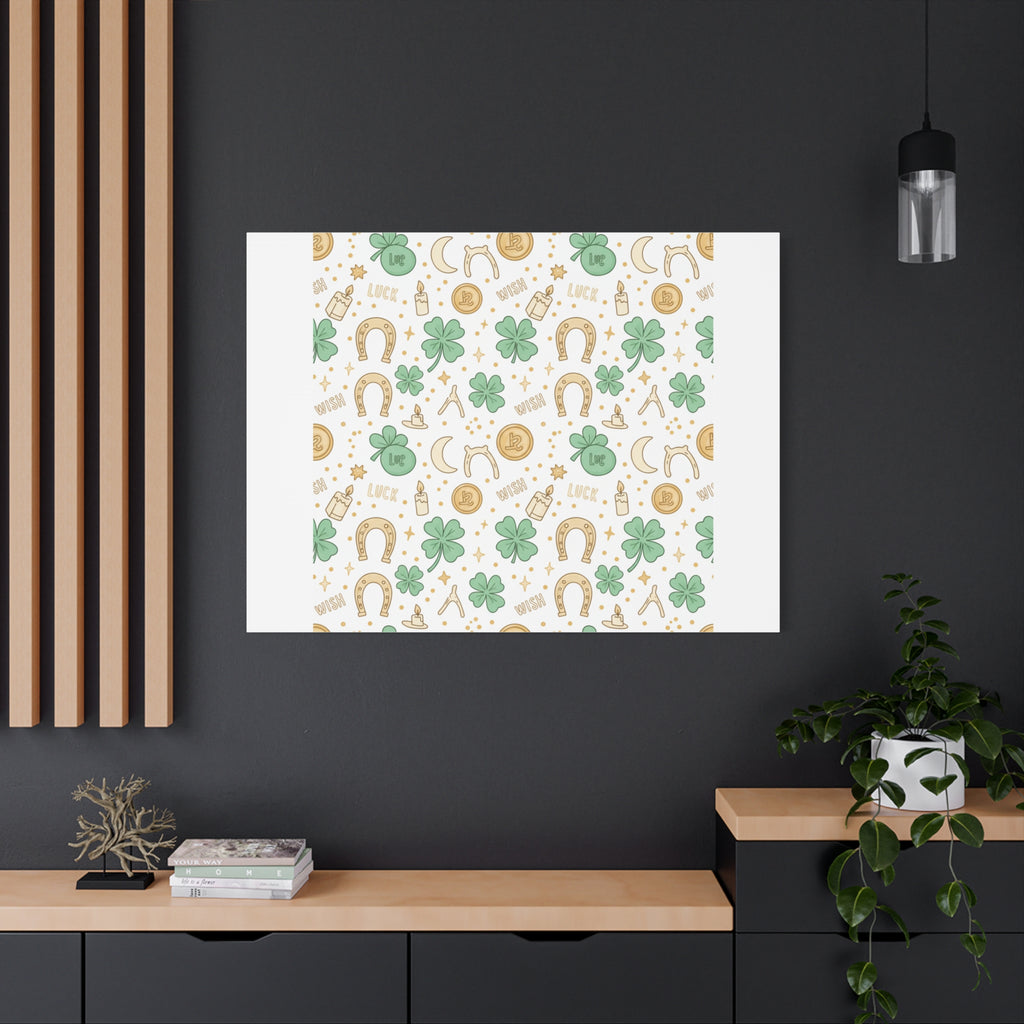 Lucky Charm Sticker Pattern Canvas, Mint Gold Talisman Print