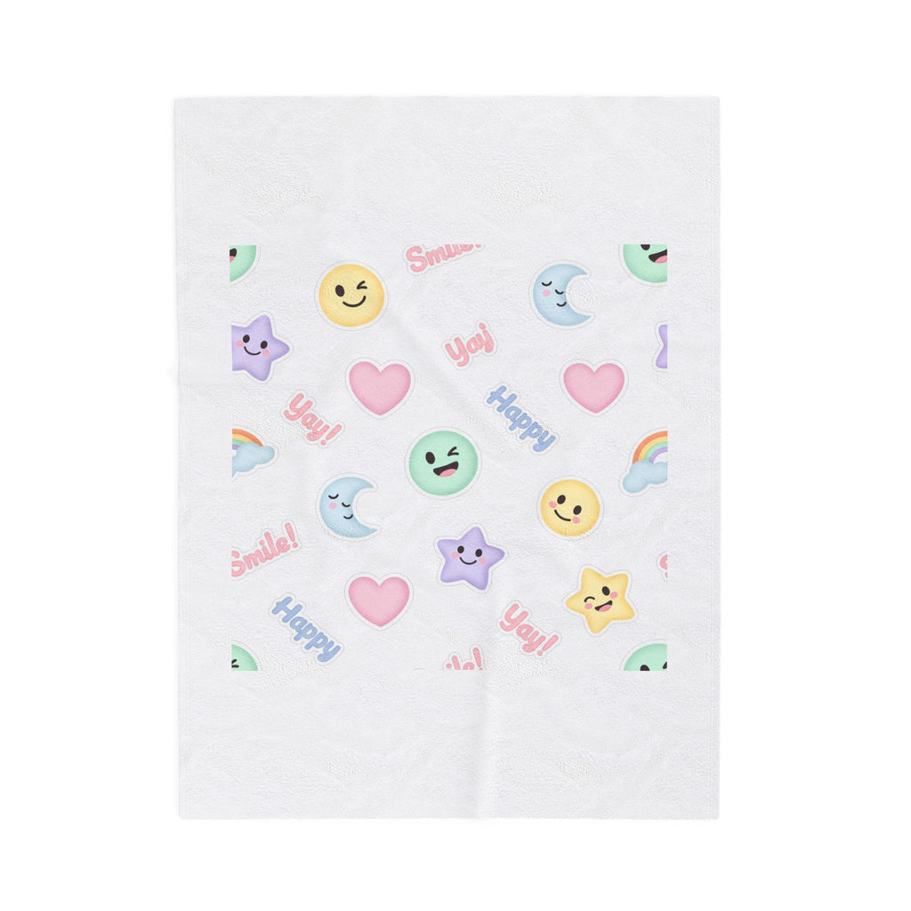 Hand-Drawn Emoticon Pattern Velveteen Plush Blanket | Pastel Sticker Emoji Repeat