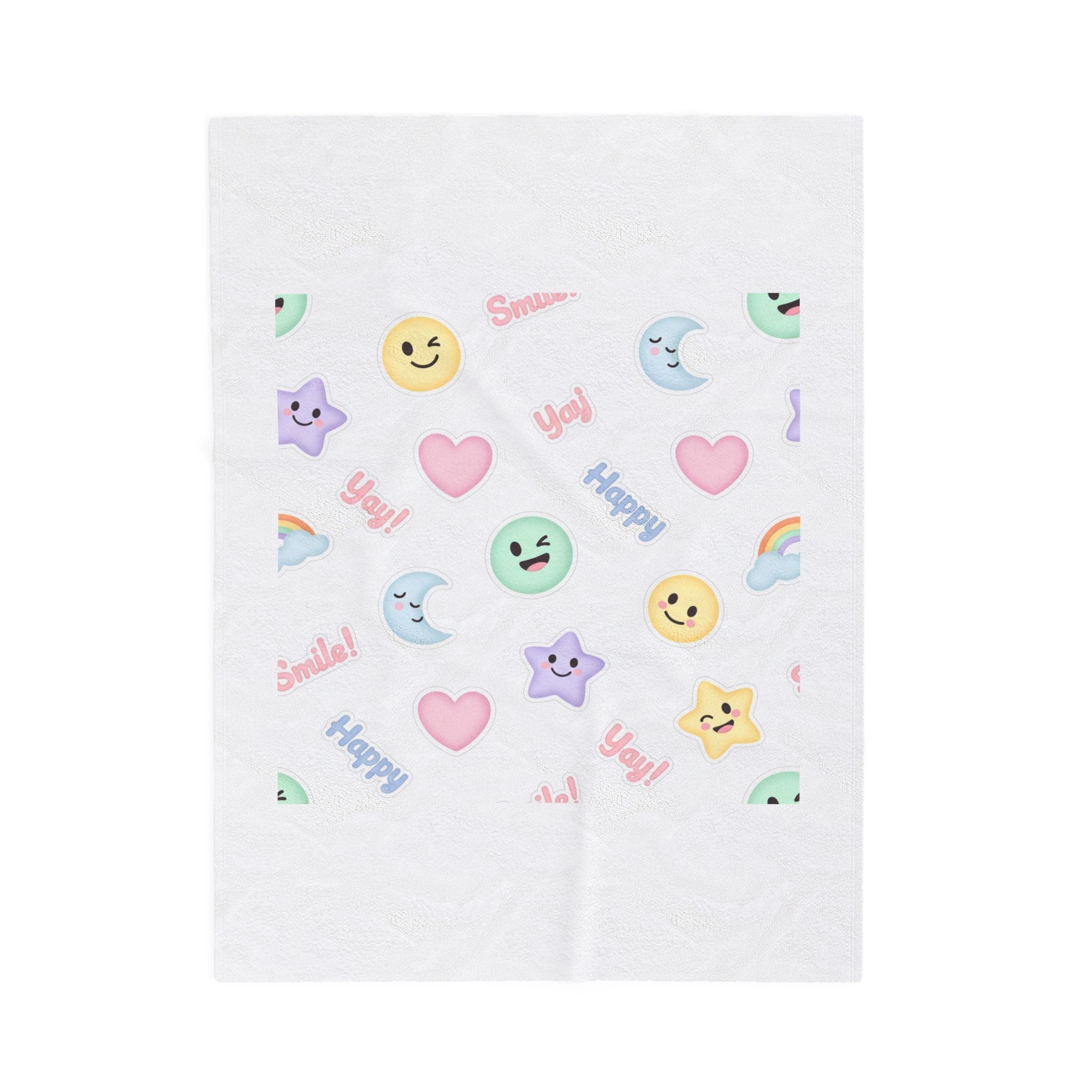 Hand-Drawn Emoticon Pattern Velveteen Plush Blanket | Pastel Sticker Emoji Repeat