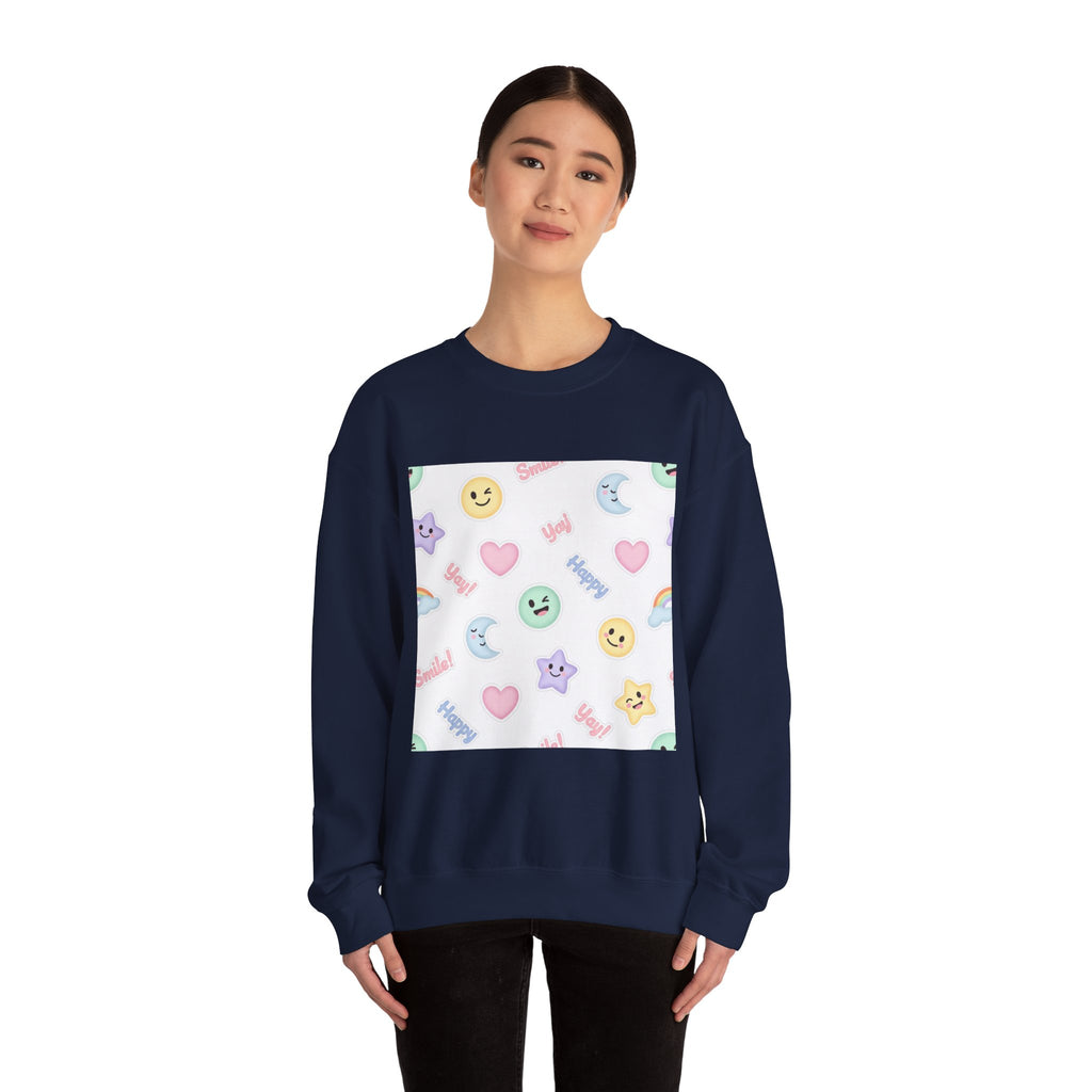 Hand-Drawn Emoticon Pattern Crewneck, pastel sticker emoji repeat print | cute emoticon