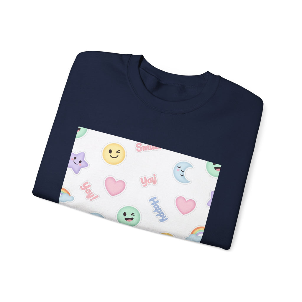 Hand-Drawn Emoticon Pattern Crewneck, pastel sticker emoji repeat print | cute emoticon