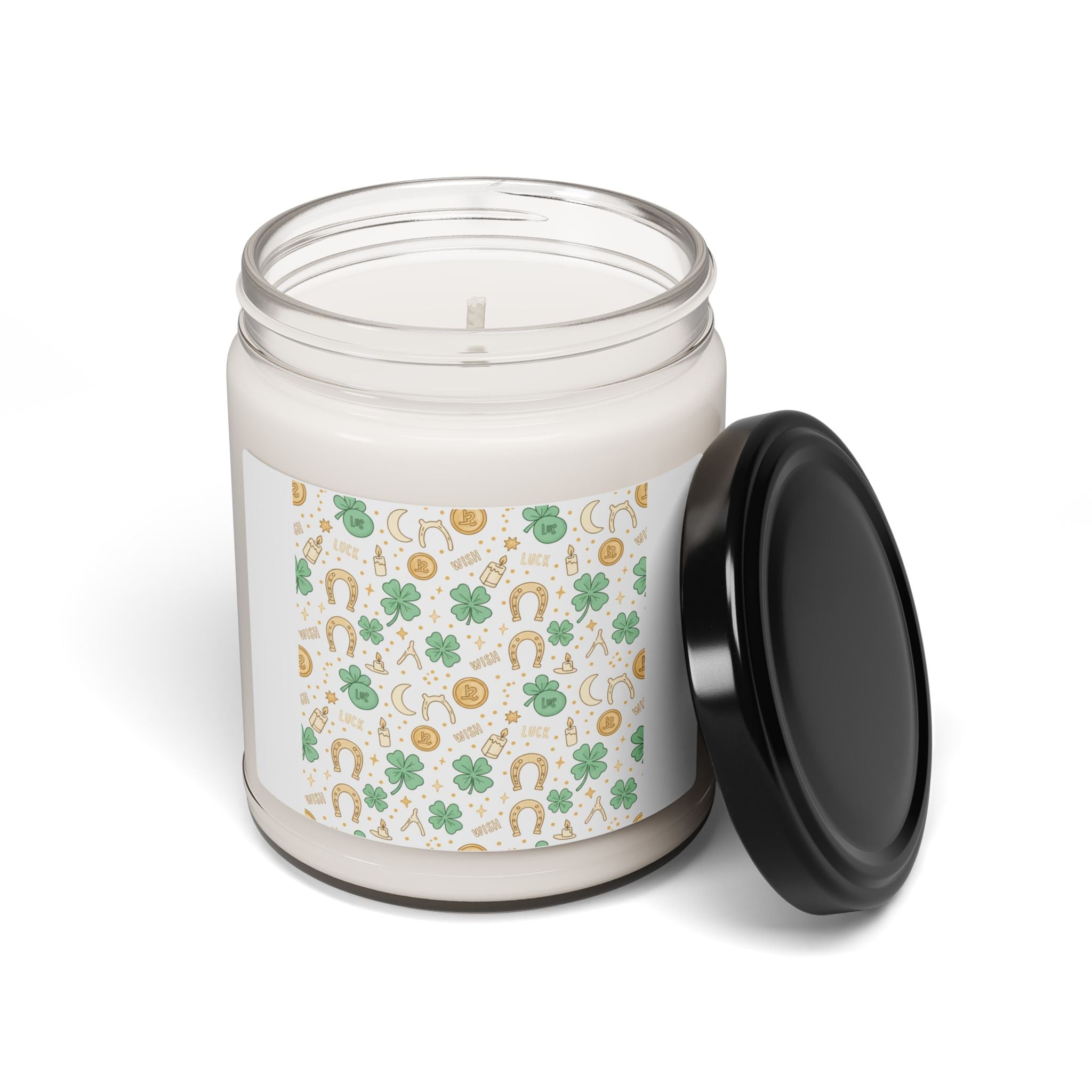 Lucky Charm Sticker Pattern Candle | Soy Candle, Mint Gold Talisman Print
