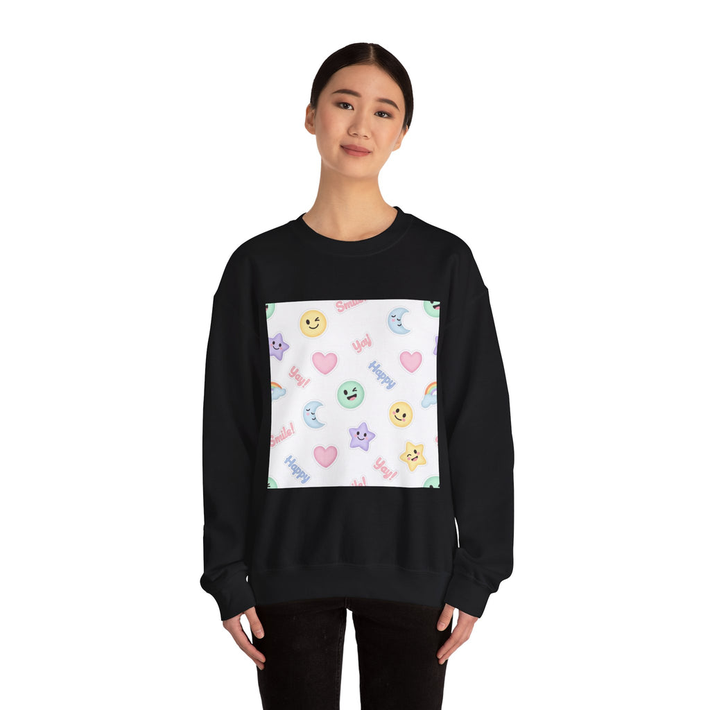 Hand-Drawn Emoticon Pattern Crewneck, pastel sticker emoji repeat print | cute emoticon