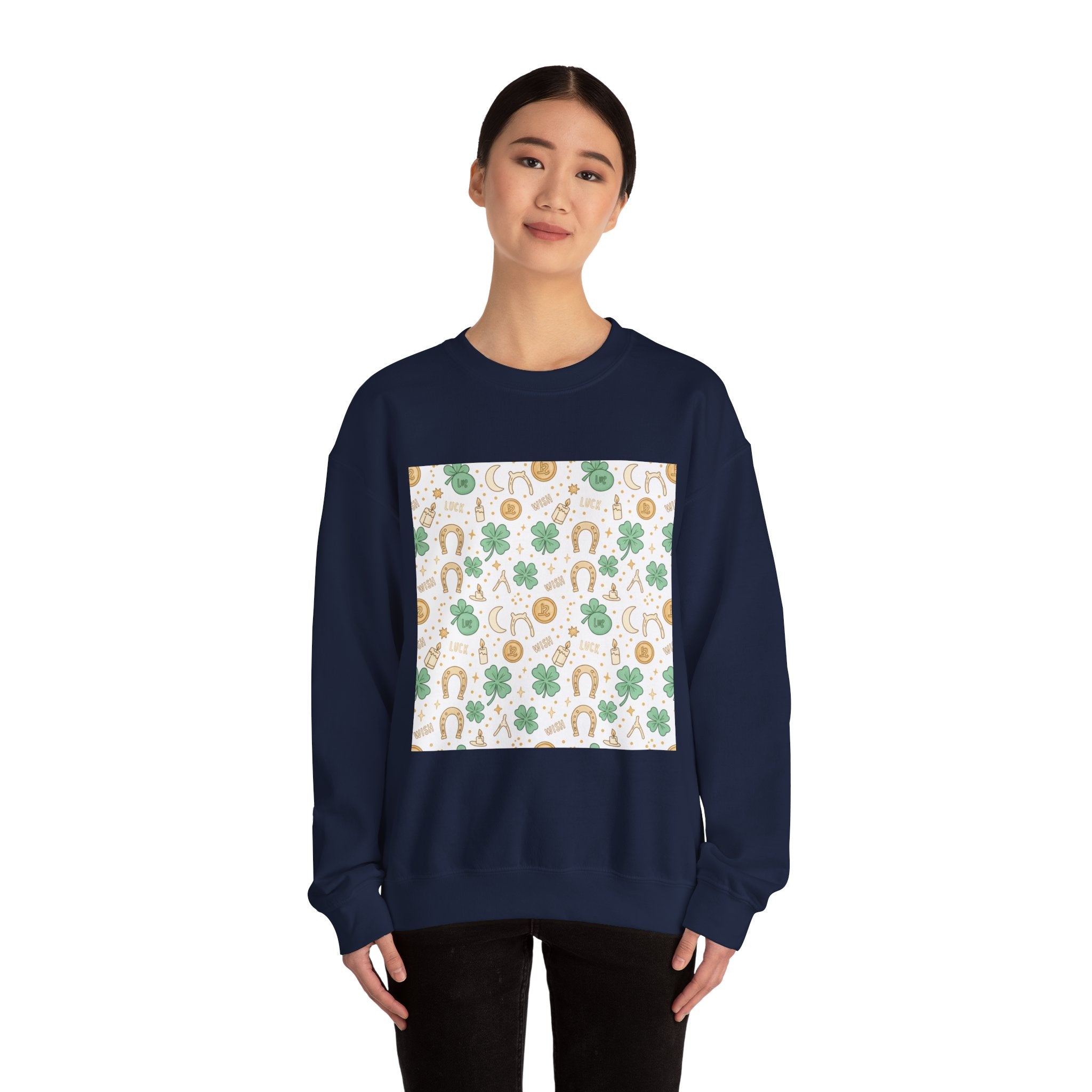 Lucky Charm Sticker Pattern Sweatshirt | mint gold good luck symbols