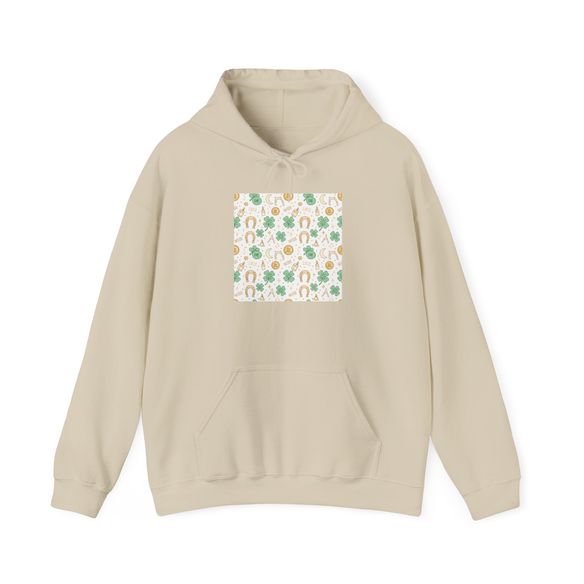 Lucky Charms Sticker Pattern Hoodie | mint gold clover horseshoe talisman print