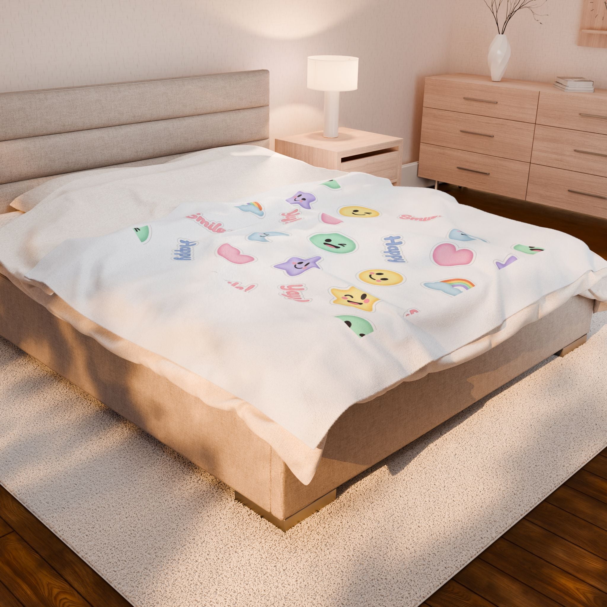 Hand-Drawn Emoticon Pattern Velveteen Plush Blanket | Pastel Sticker Emoji Repeat