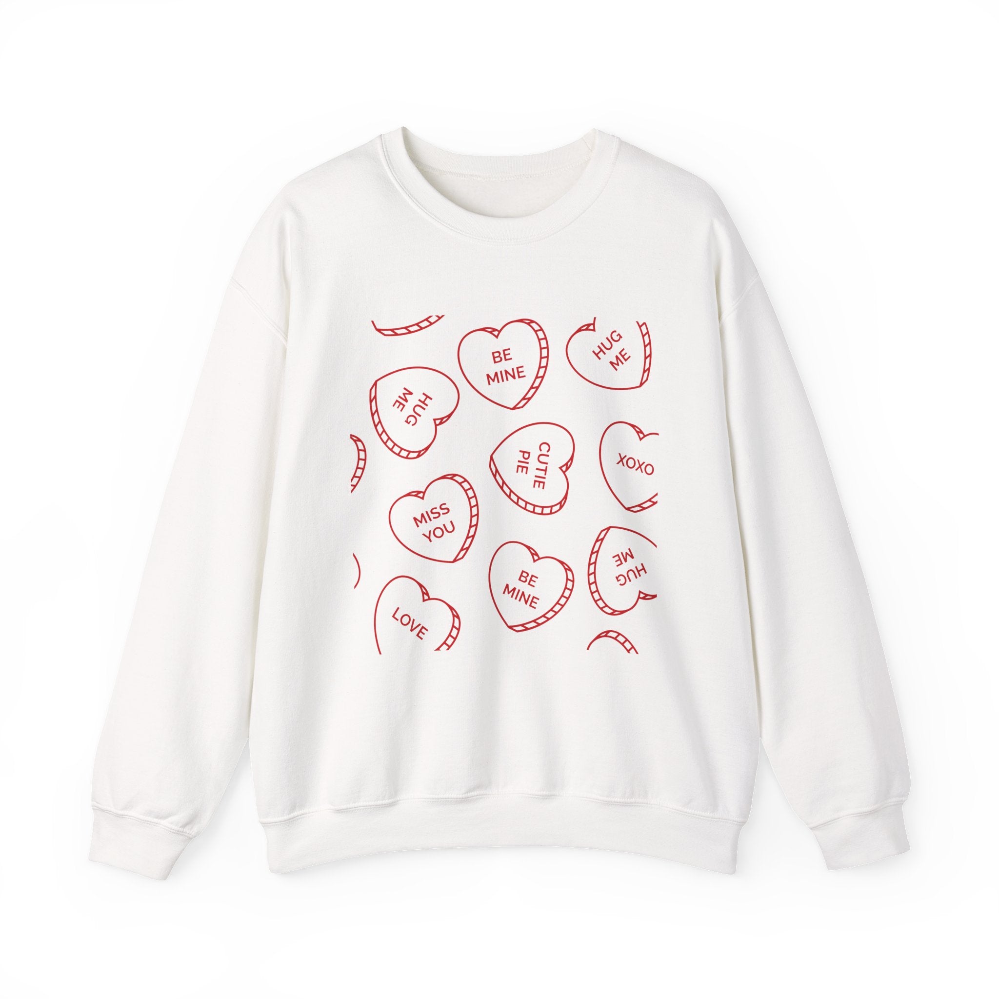 Crewneck Sweatshirt — Red Conversation Hearts Valentine Design (Be Mine, Love, Miss You)