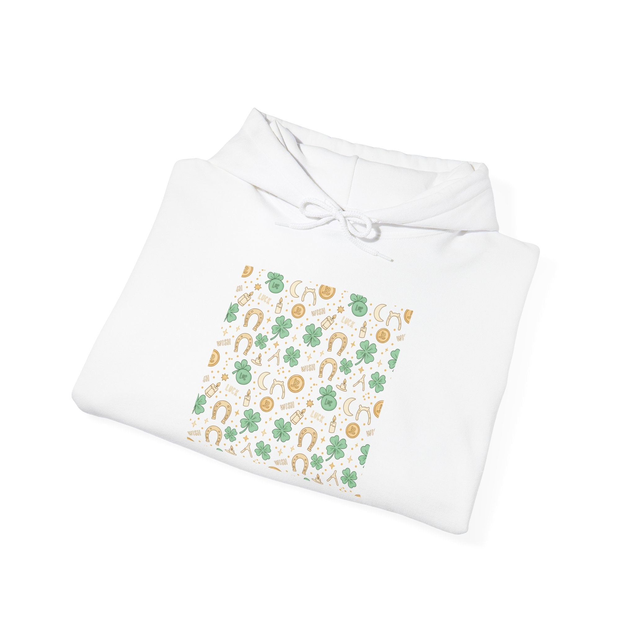 Lucky Charms Sticker Pattern Hoodie | mint gold clover horseshoe talisman print