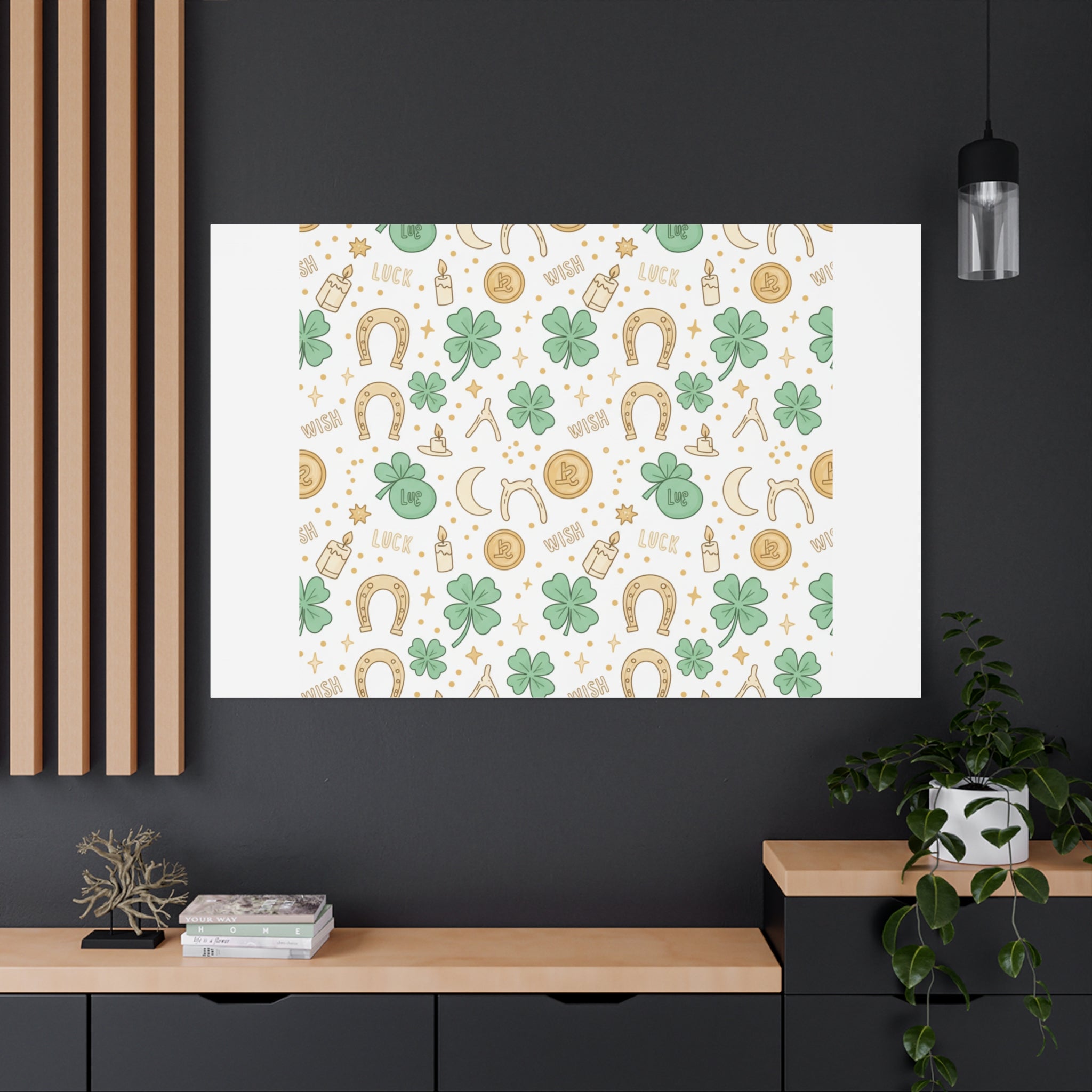 Lucky Charm Sticker Pattern Canvas, Mint Gold Talisman Print